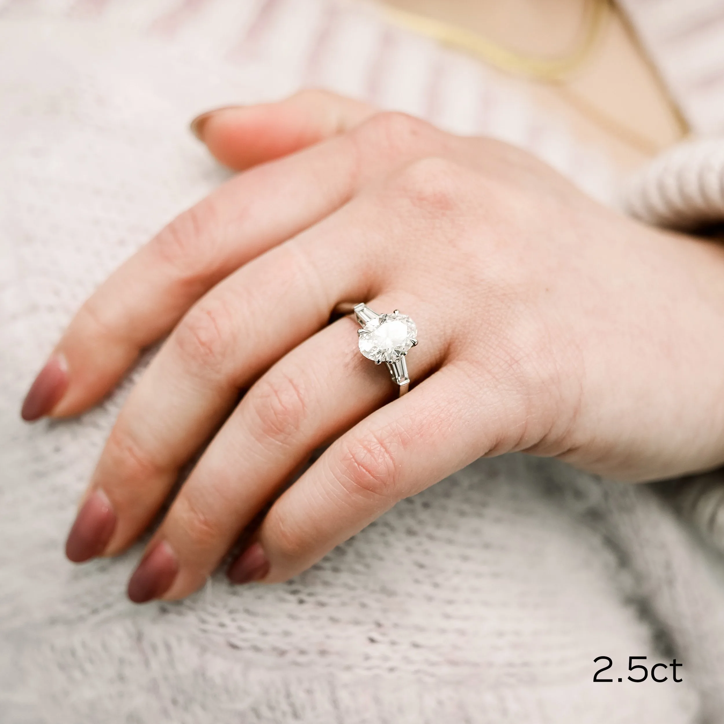 platinum 2.5 oval and baguette three stone lab diamond engagement ring ada diamonds design ad 459