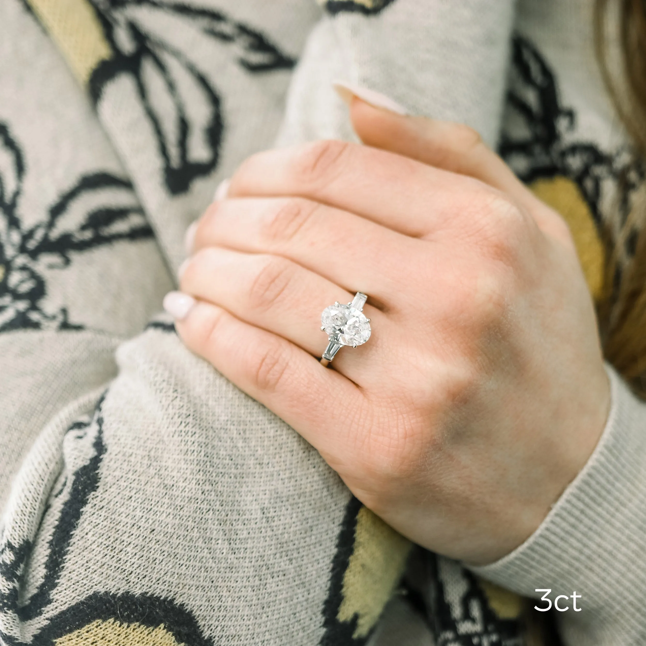platinum oval and baguette three stone lab created diamond engagement ring ada diamonds design ad 459 on model