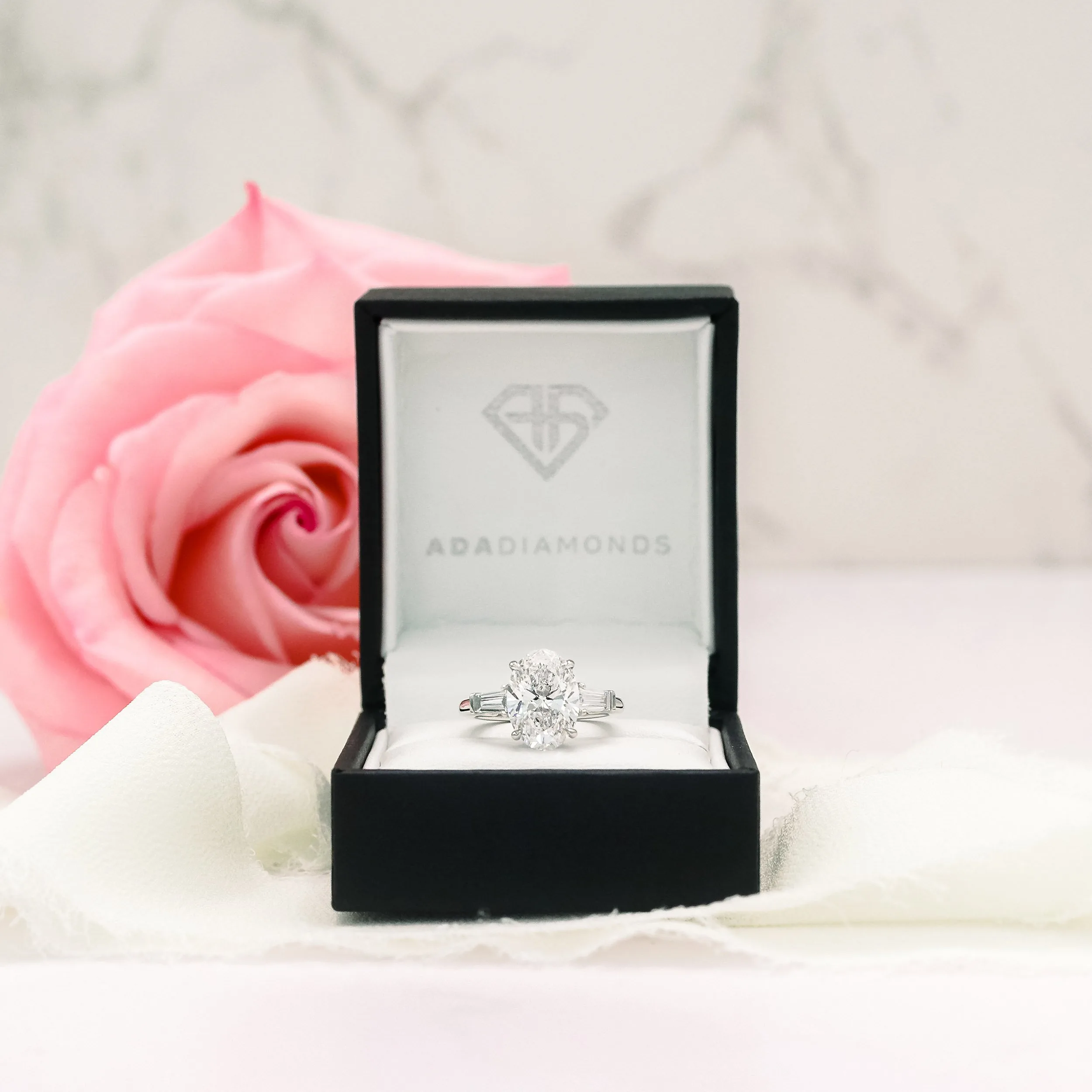 plaitnum 3.5 carat oval and baguette lab diamond engagement ring in box ada diamonds design ad 459 macro
