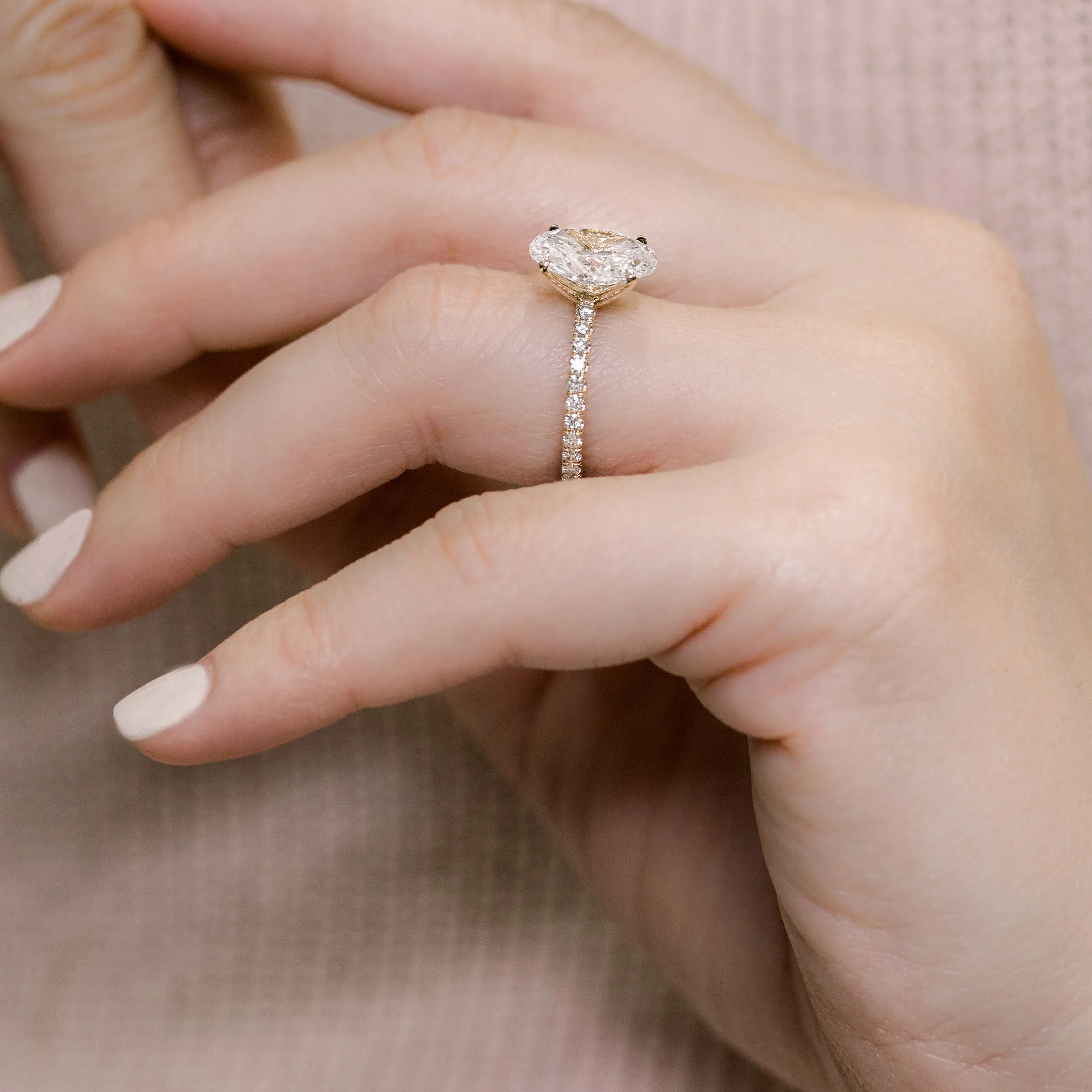 1.75 Carat Oval Cut Lab Diamond Engagement Ring with Diamond Band Ada Diamonds Design AD-343 Profile on Hand