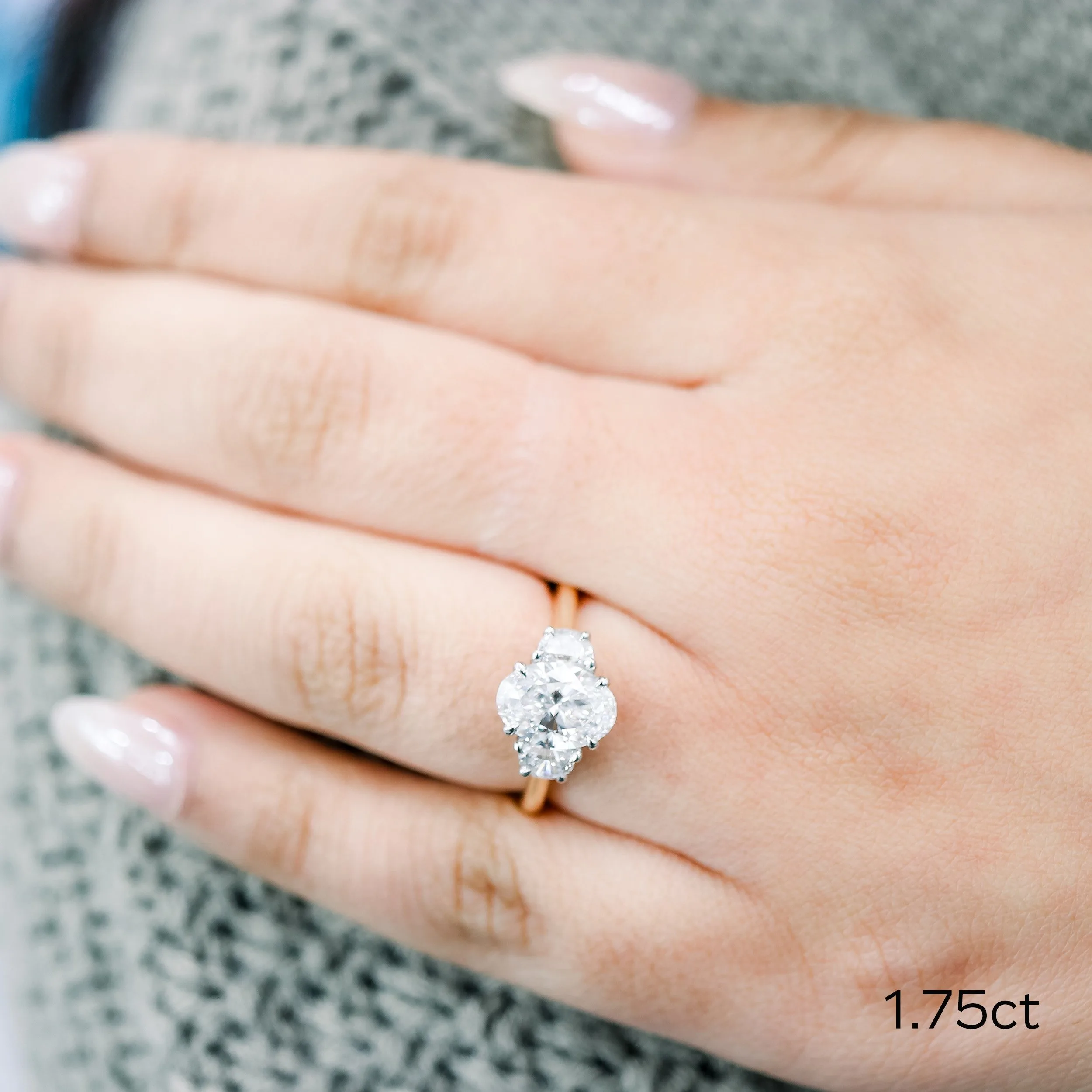 two tone 1.75 ct oval and half moon lab created diamond three stone engagement ring ada diamonds design ad 277 on model
