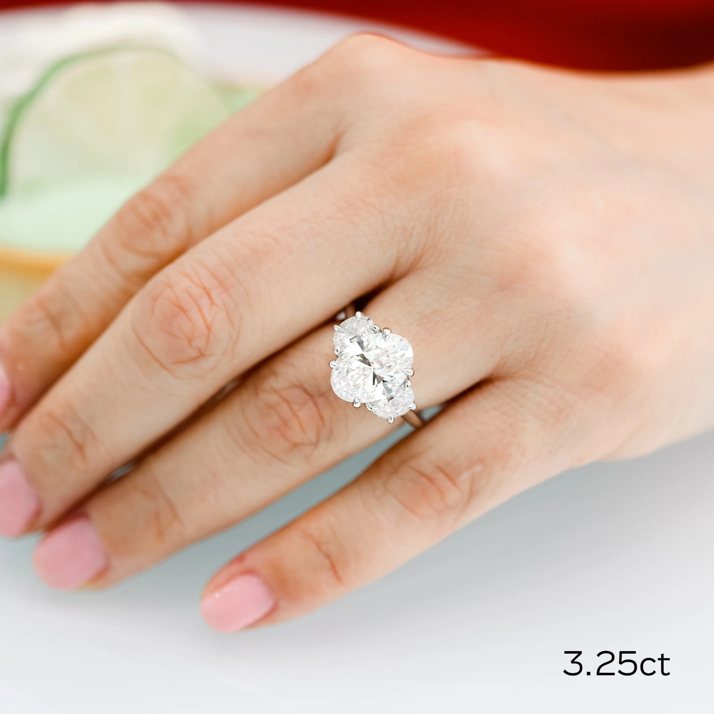 Platinum Oval and Half Moon 3.25 ct Lab Diamond Three Stone Ring Ada Diamonds Design AD-277 on Hand