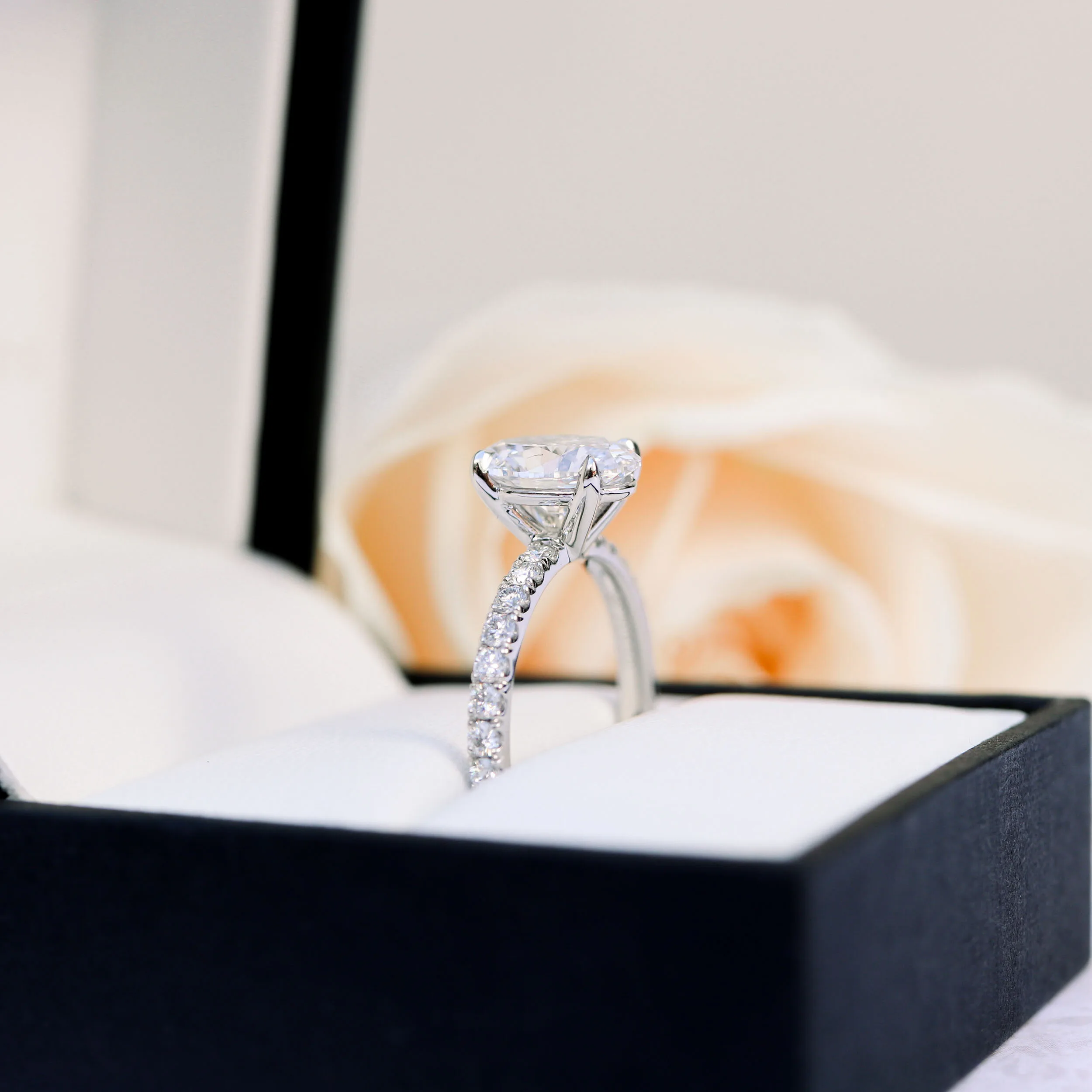 Platinum 2.5 Carat Oval Four Prong Pavé Engagement Ring with Lab Grown Diamonds Ada Diamonds Design Number 230 Profile View in Box