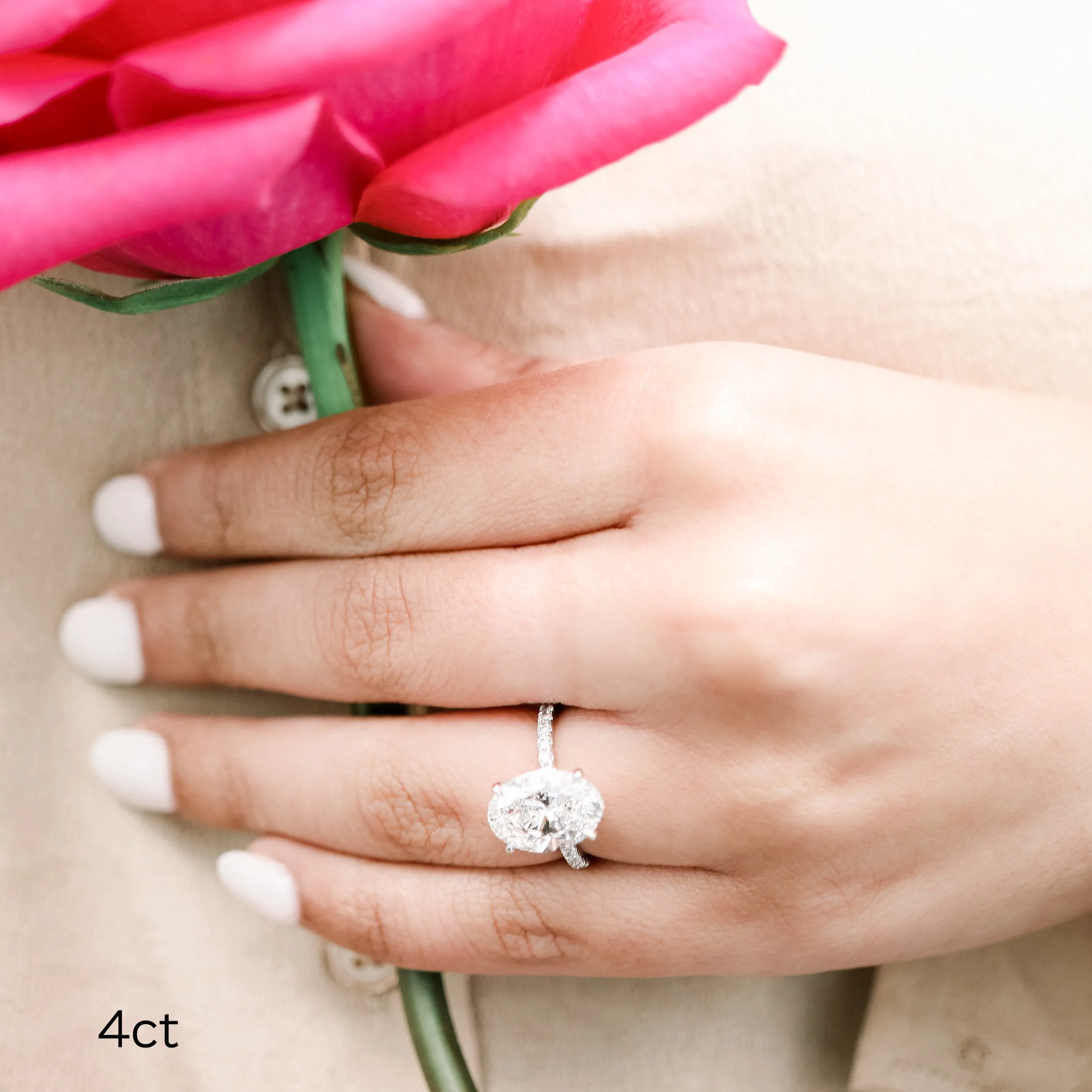 platinum 4 carat oval cut lab created diamond petite pavé engagement ring ada diamonds design ad 230 on model