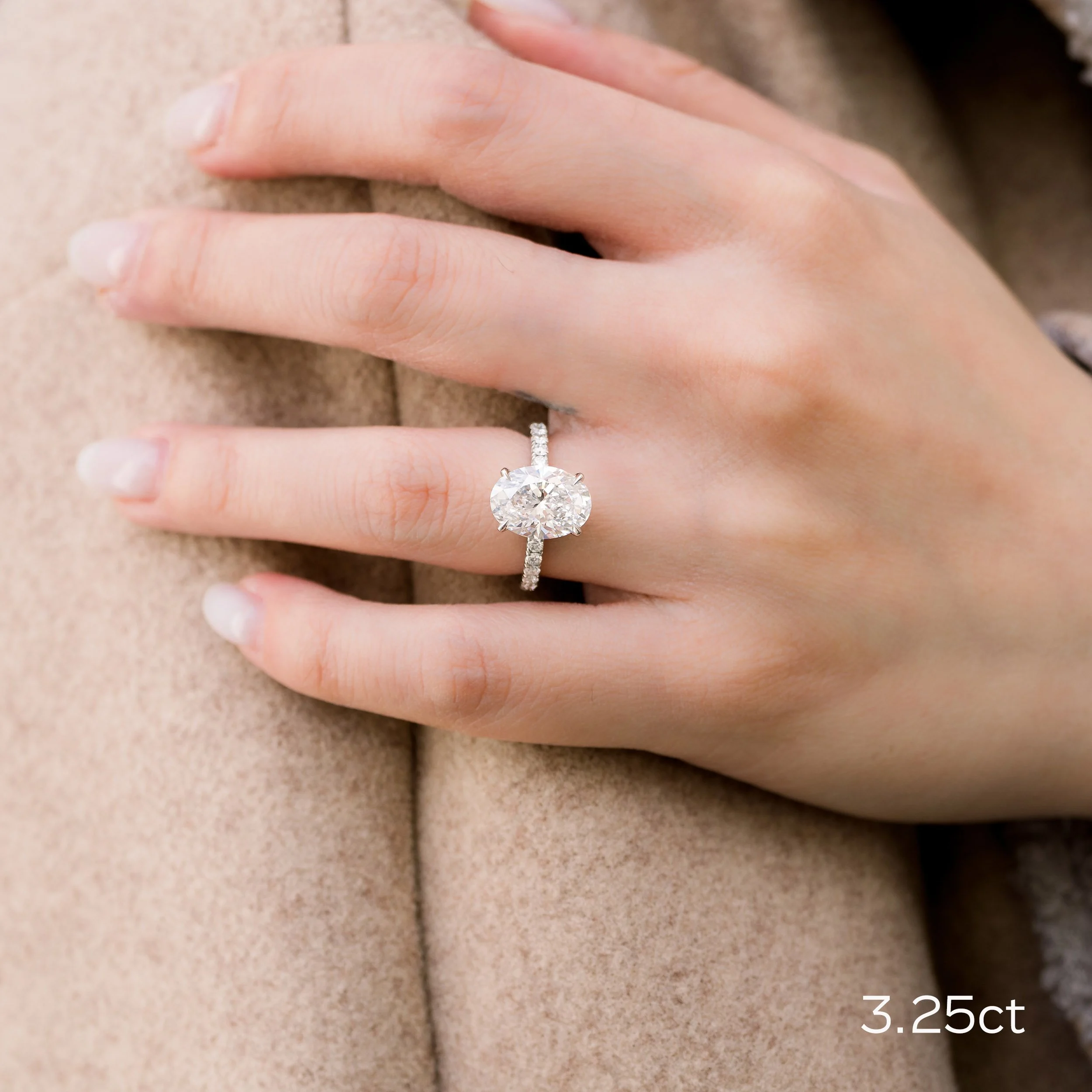 platinum 3.25ct oval lab diamond in petite four prong pavé engagement ring ada diamonds design ad 230 on model