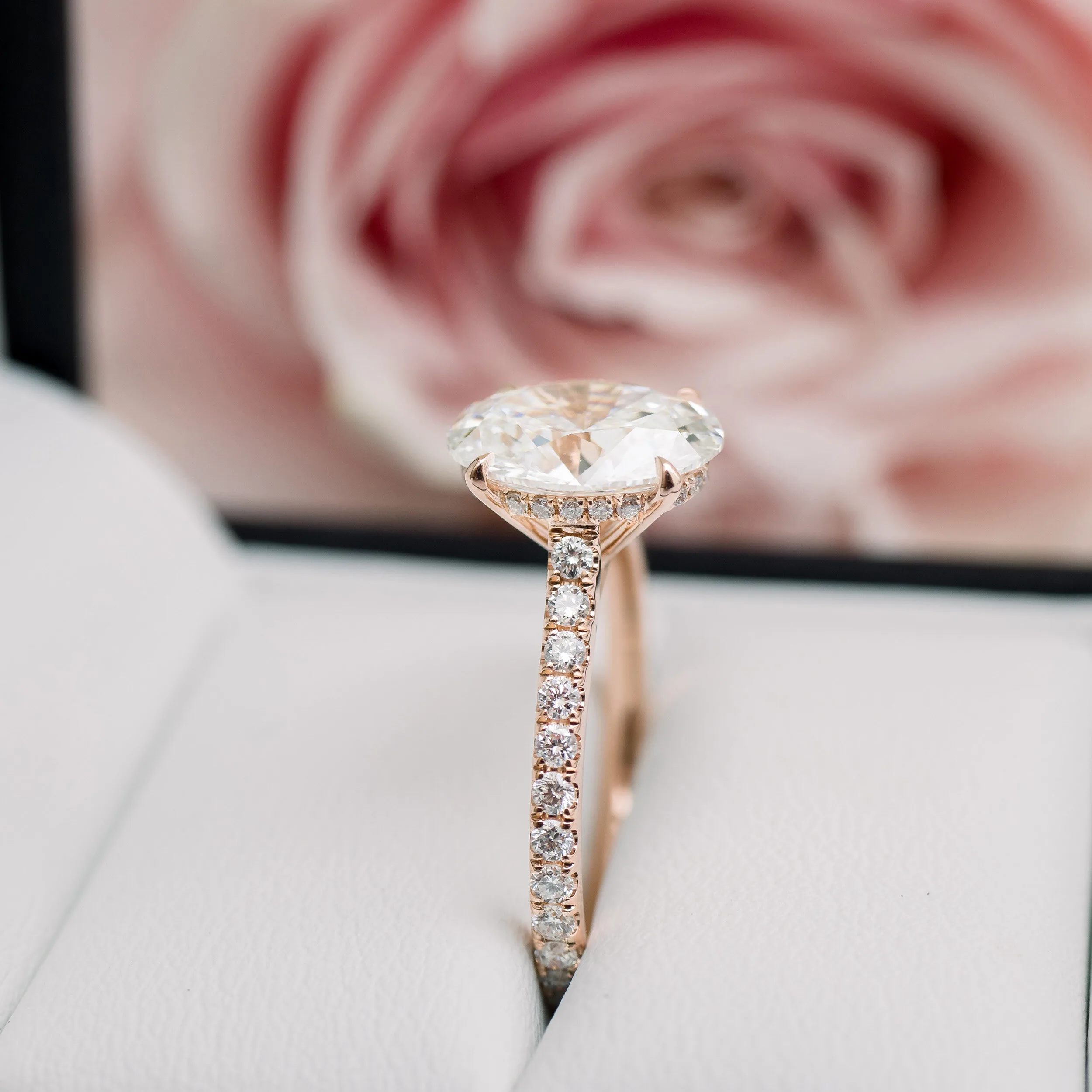 14k Rose Gold 3 Carat Oval Lab Diamond Pavé Engagement Ring with Hidden Halo Ada Diamonds Design AD-190 Profile