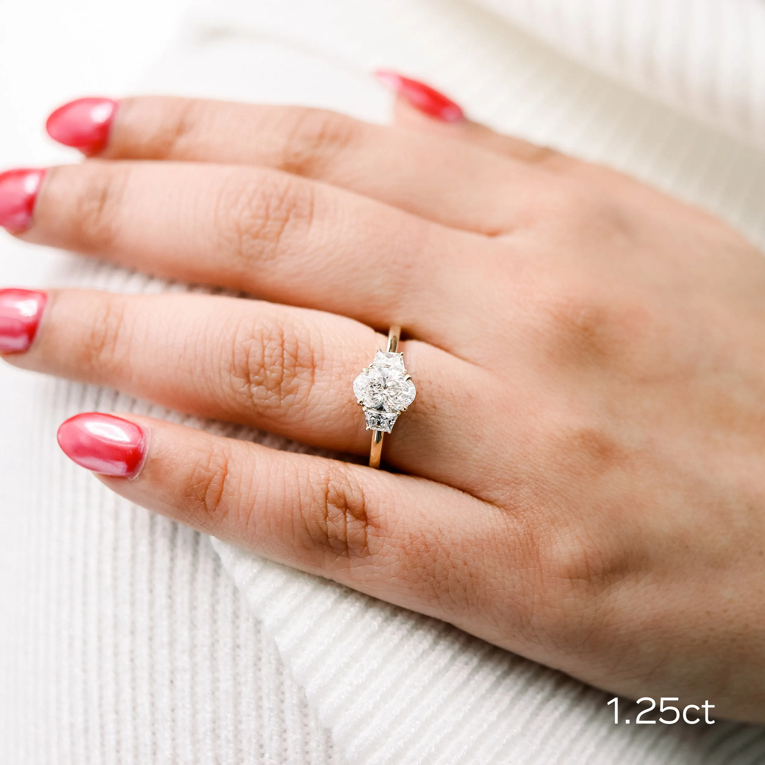 yellow gold 1.25 carat oval and trapezoid three stone lab diamond engagement ring ada diamonds design ad 462 on model