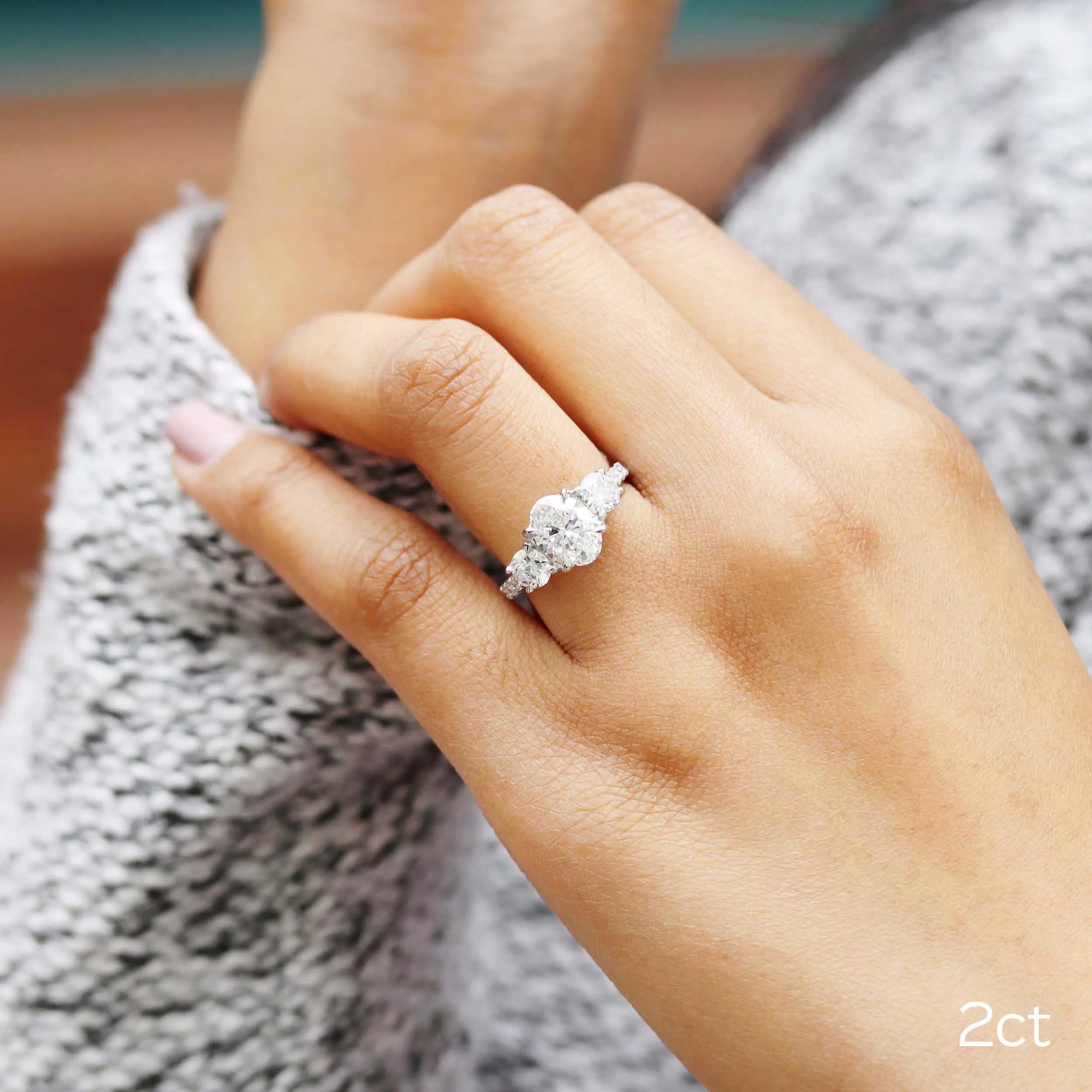 2ct lab grown diamond oval three stone pave custom engagement ring in platinum