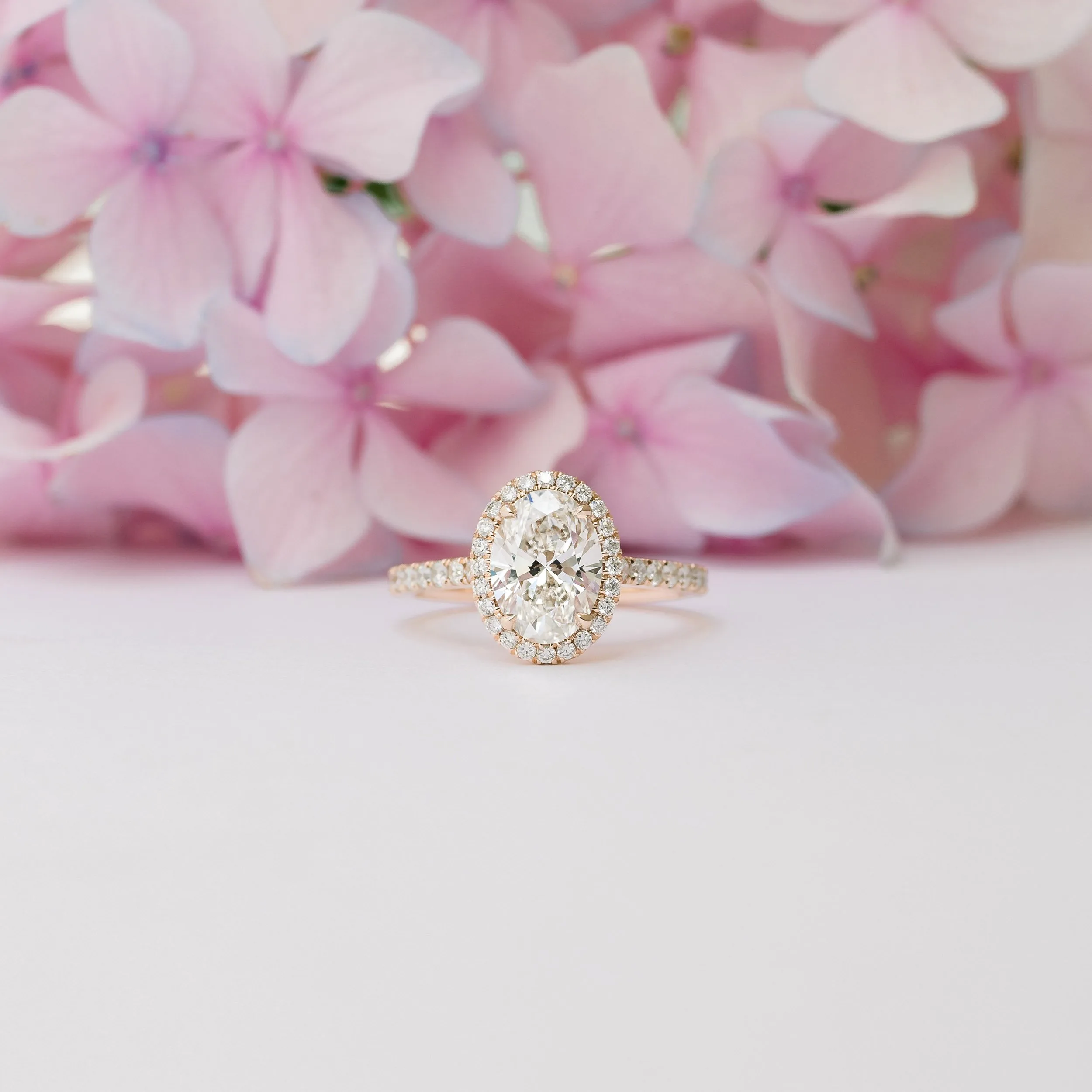 rose gold oval lab diamond engagement ring with halo and diamond band ada diamonds design ad303