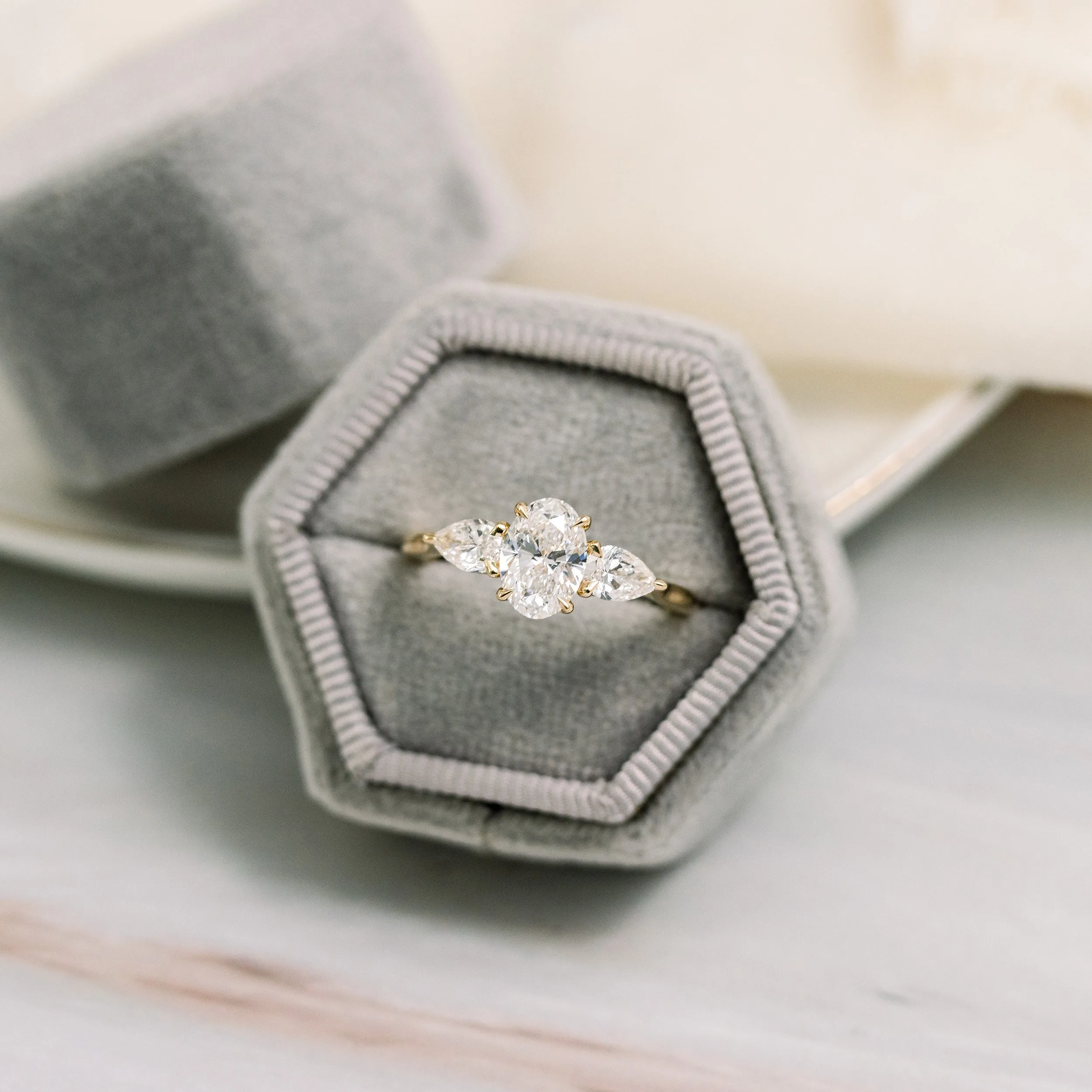 yellow gold oval and pear three stone lab diamond engagement ring ada diamonds design ad 460 macro