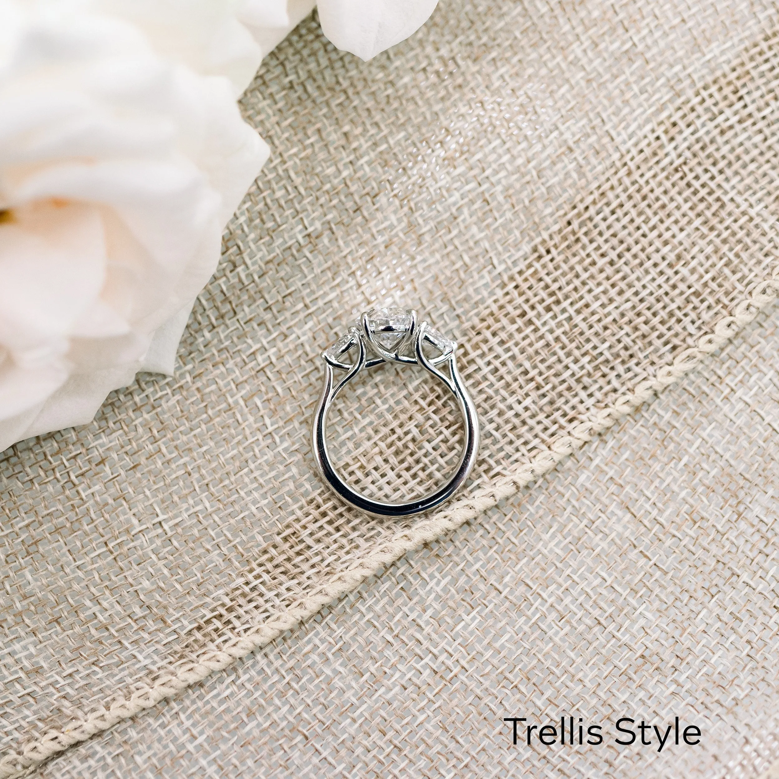 platinum oval and pear three stone lab diamond engagement ring trellis basket profile view ada diamonds design ad 460
