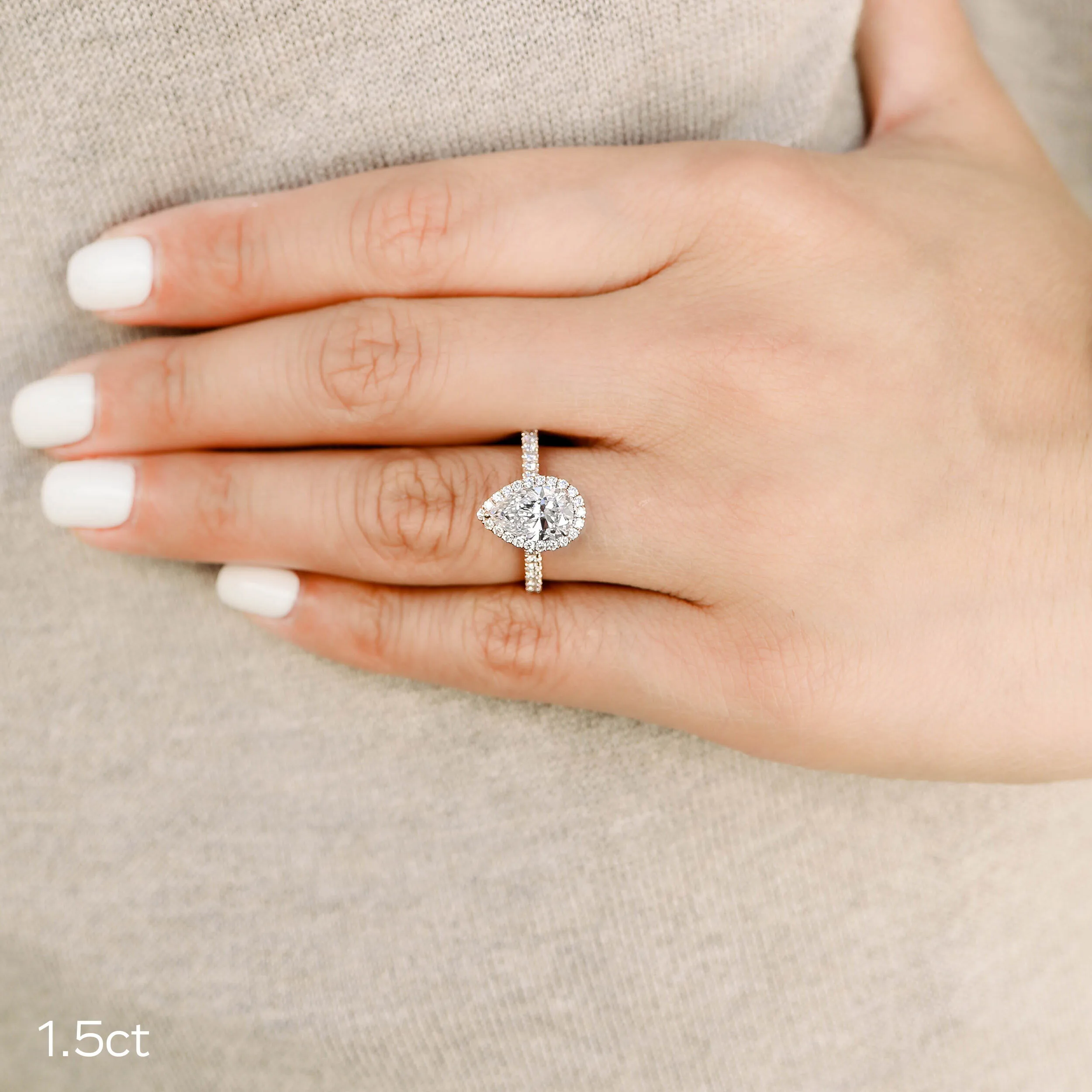 platinum 1.5 carat pear lab created diamond halo ring ada diamonds design ad-304 on hand
