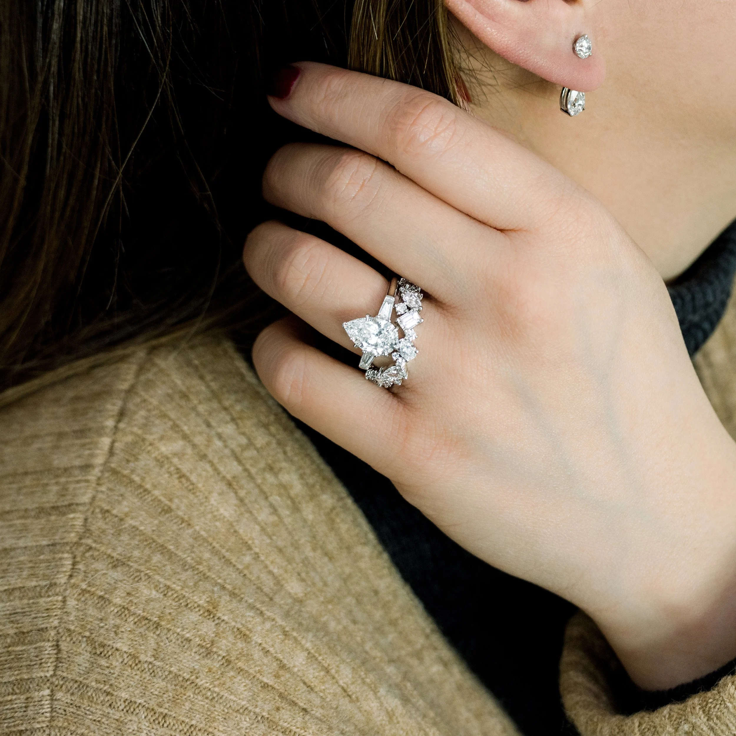 pear and baguette lab diamond three stone engagement ring with multi shape lab diamond wedding band ada diamonds design ad 495