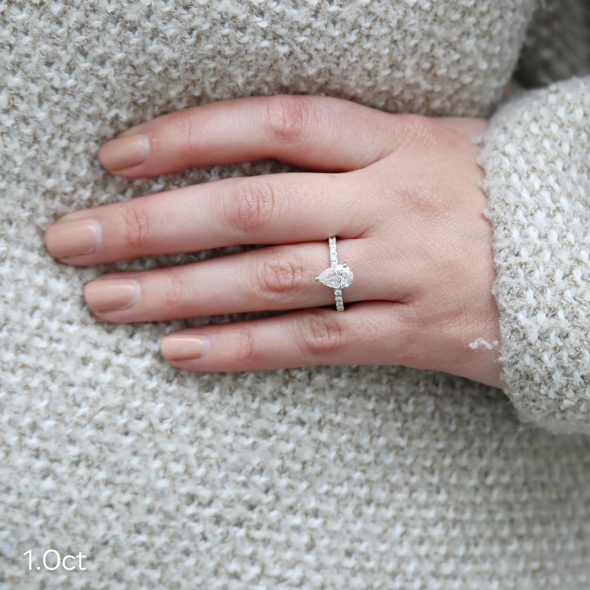 Platinum 1 Carat Pear Pavé Lab Created Diamond Engagement Ring Ada Diamonds Design AD-211 on Hand