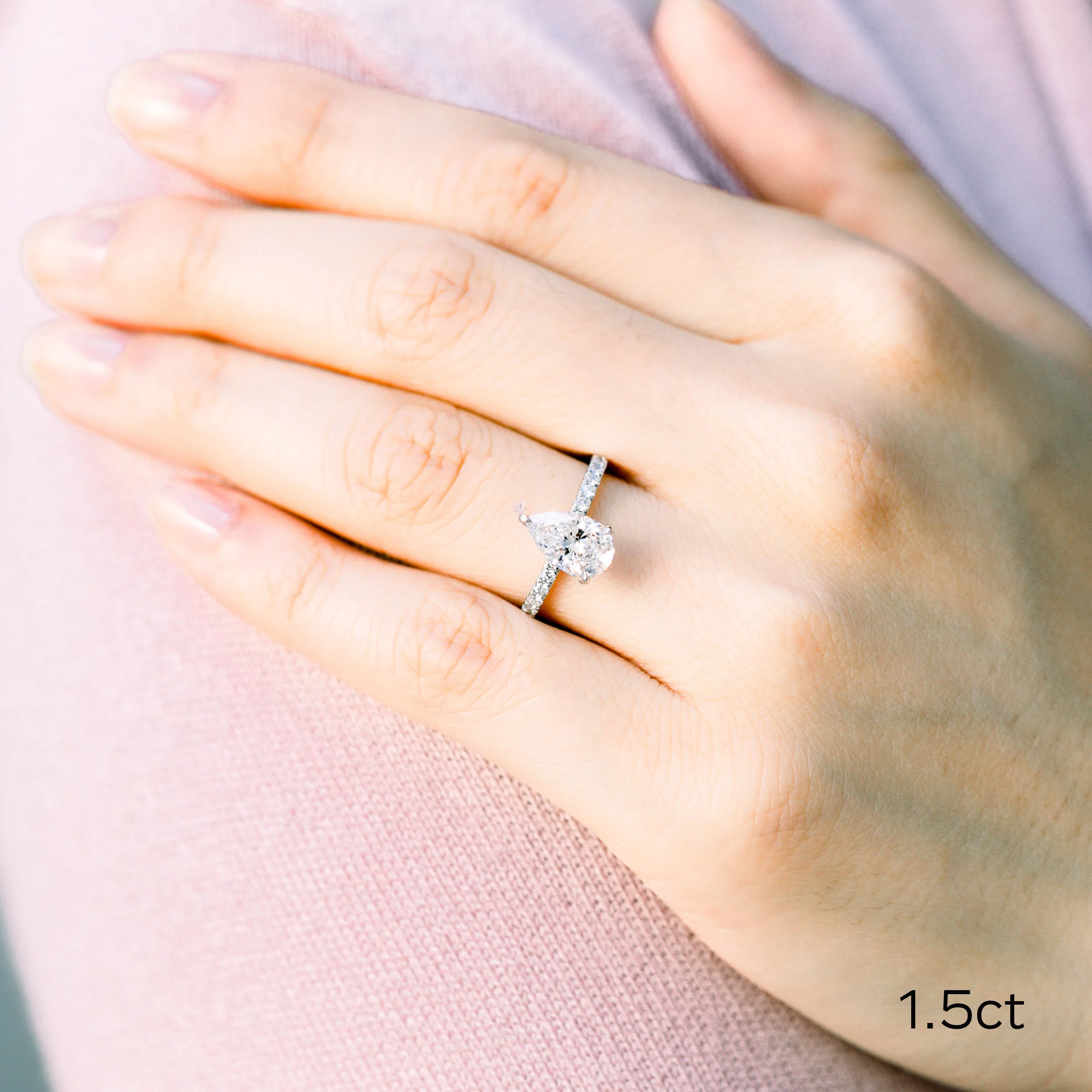 Platinum 1.5ct Pear Cut Lab Diamond Engagement Ring with Diamond Band Ada Diamonds Design AD-211 on Hand
