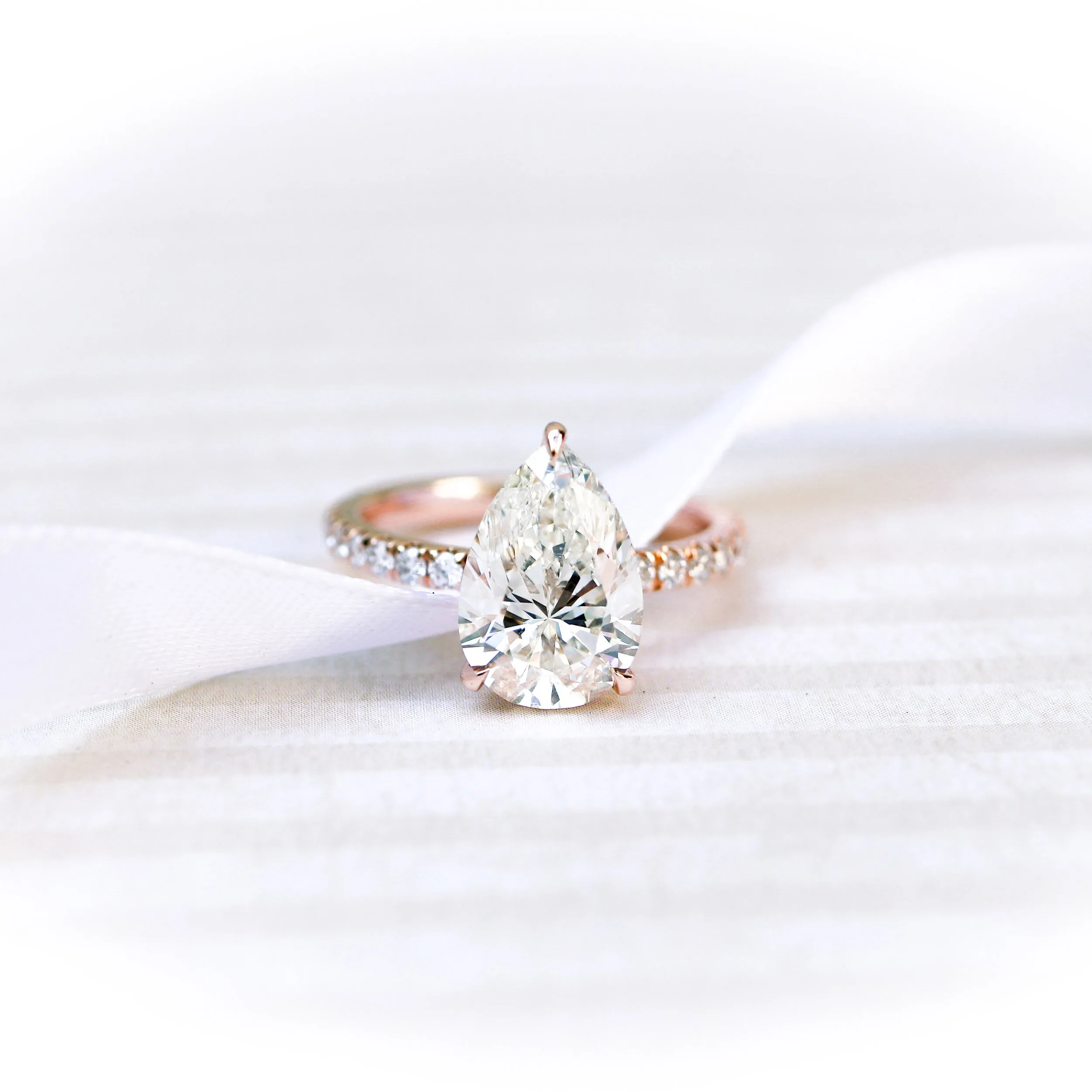 14k Rose Gold Pear Lab Created Diamond Pavé Engagement Ring with Hidden Halo Ada Diamonds Design Number AD-211 White Background