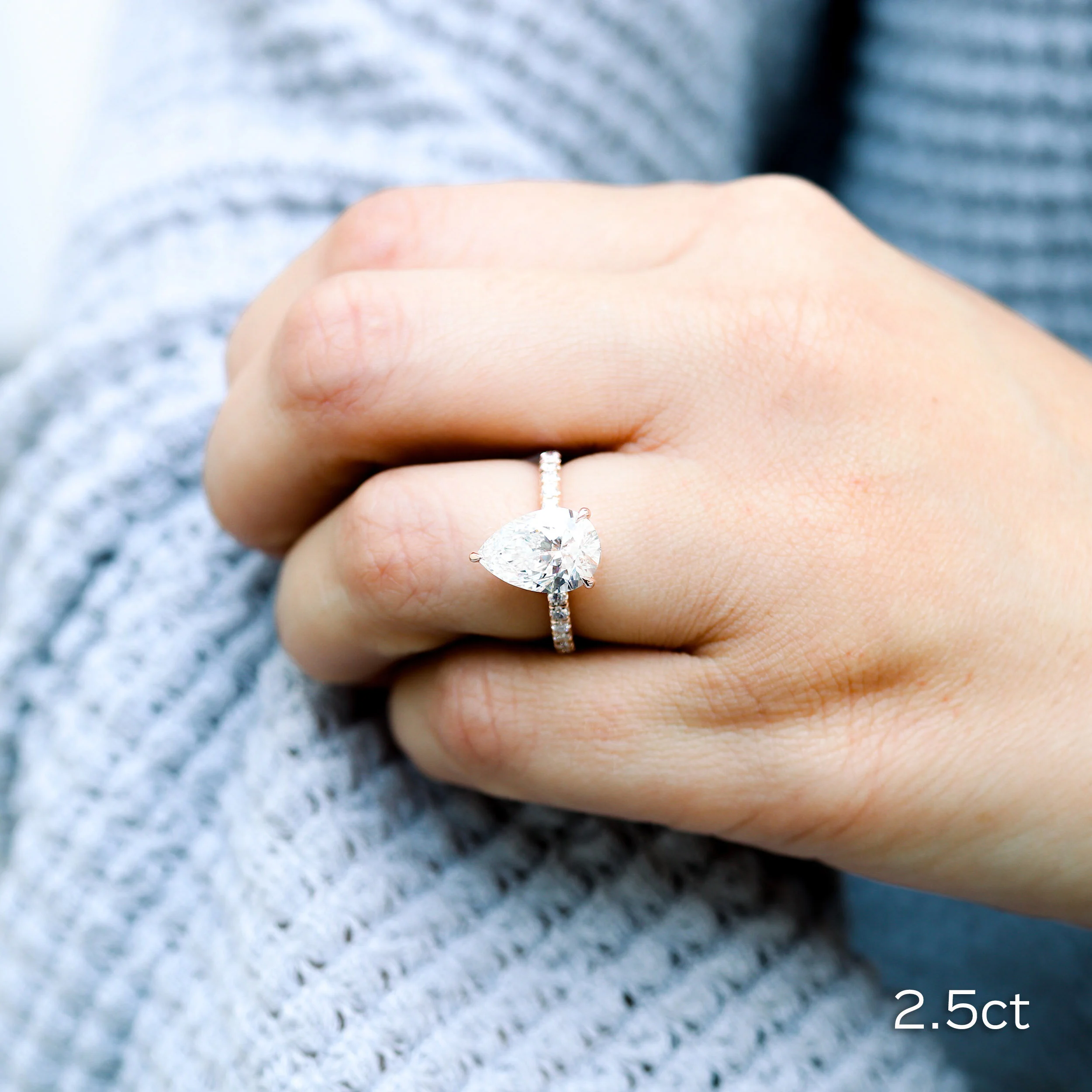 Platinum 2.5 Carat Pear Lab Grown Diamond Engagement Ring with Pavé Band Ada Diamonds Design AD-211 on Hand