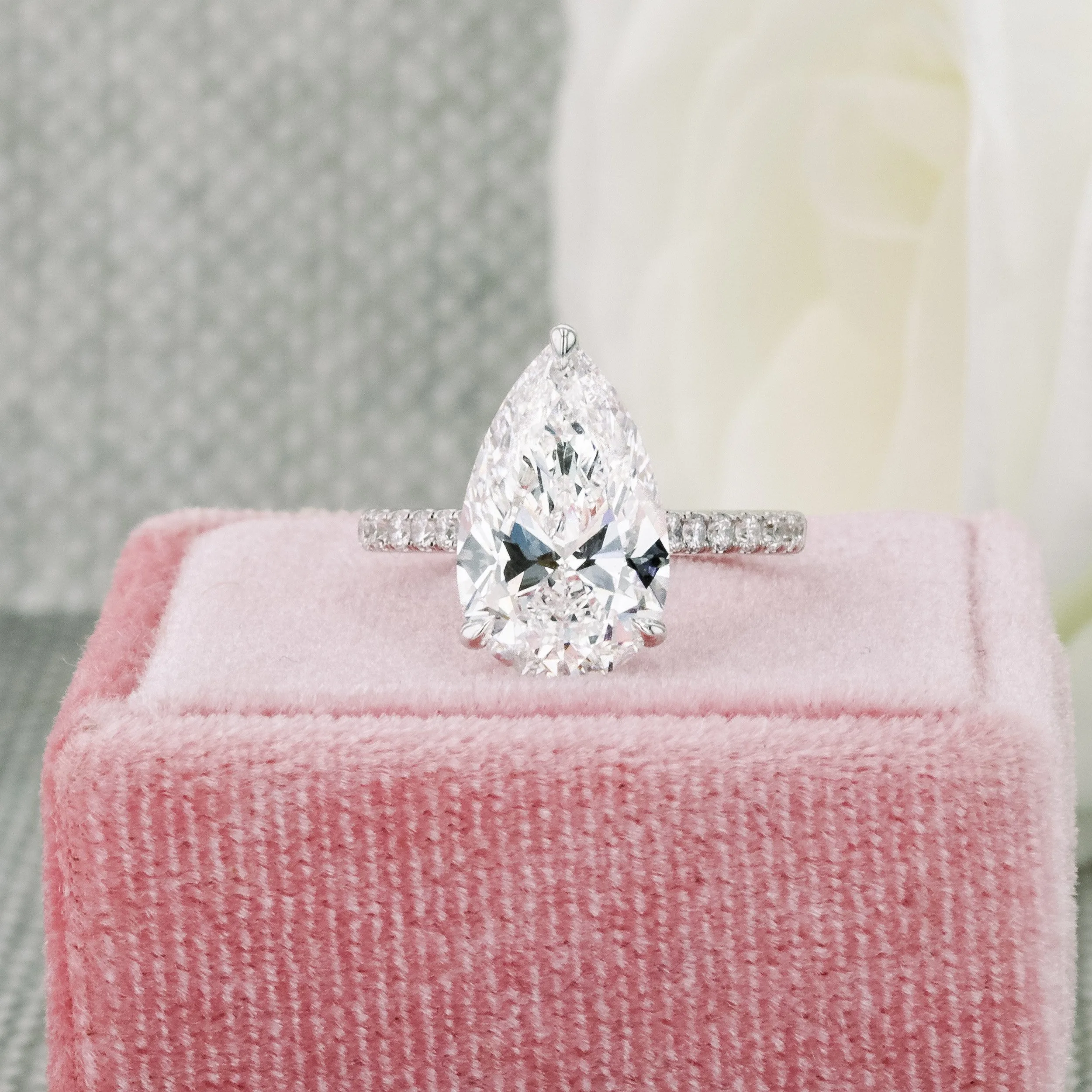 Platinum 4ct Pear Cathedral Pavé Engagement Ring with Lab Diamonds Ada Diamonds Design AD-355 Macro