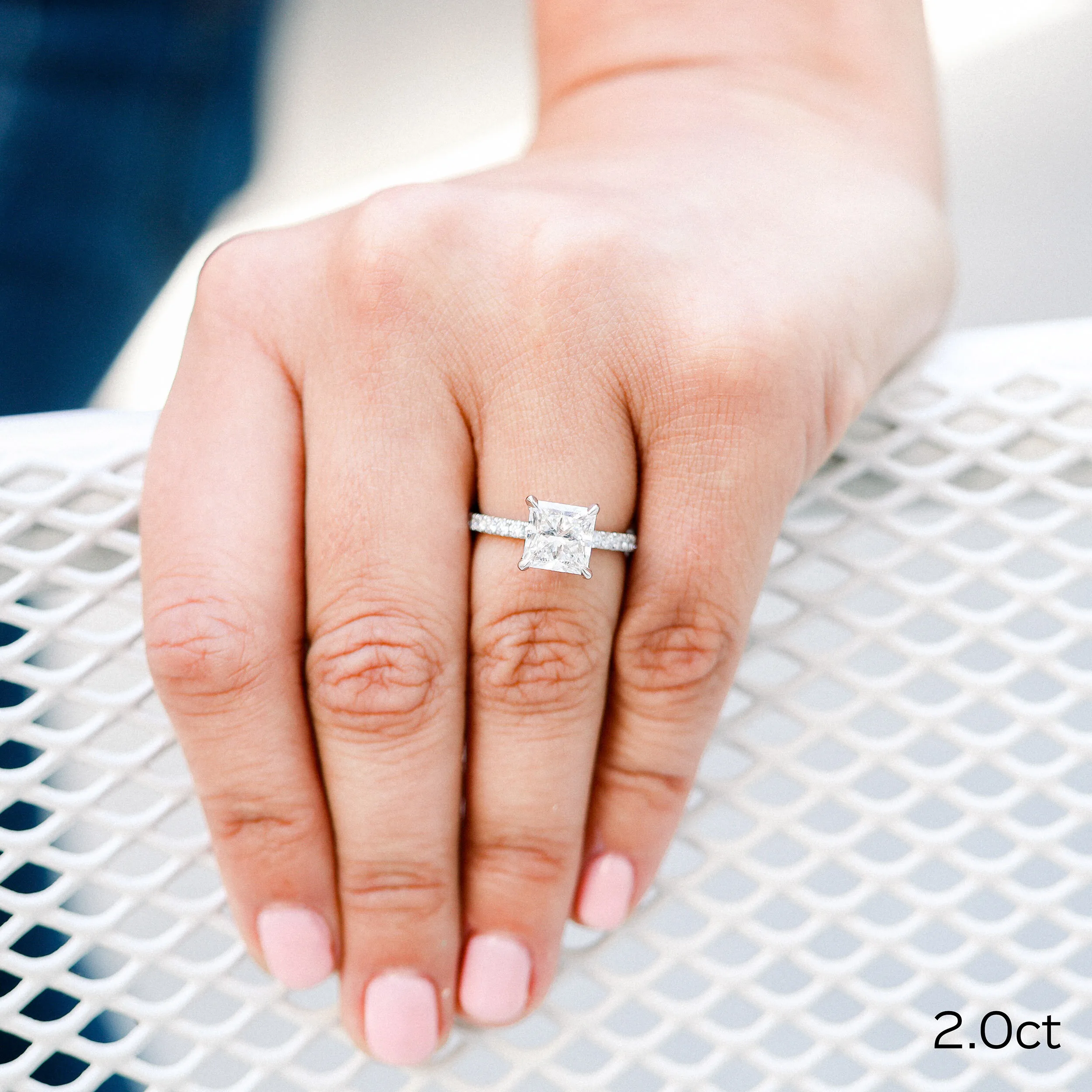 Platinum 2ct Princess Cut Lab Diamond Petite Four Prong Pavé Engagement Ring Ada Diamonds Design AD-345 on Model