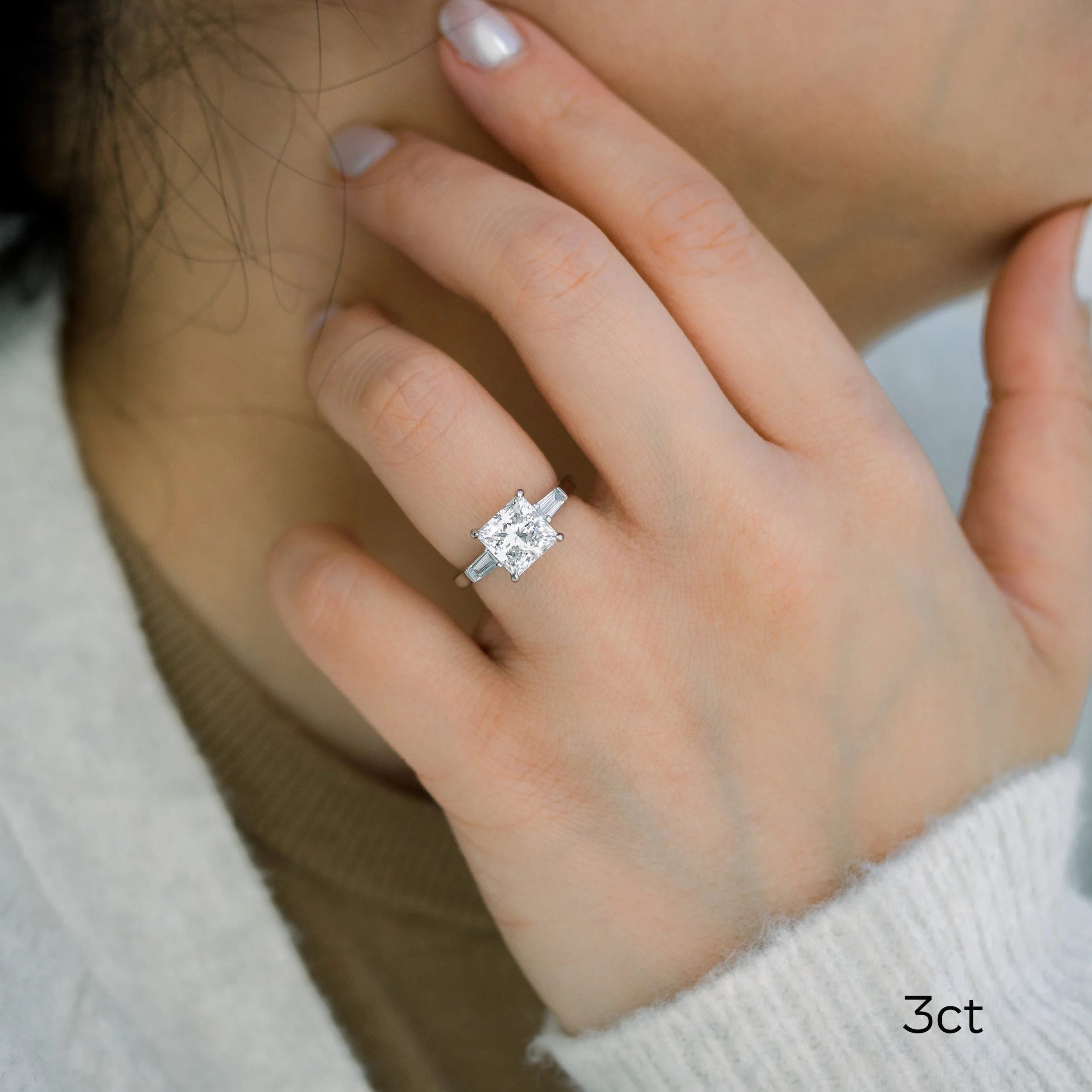 platinum 3.5ct princess cut lab diamond ring with baguette side stones ada diamonds design ad 478 on model