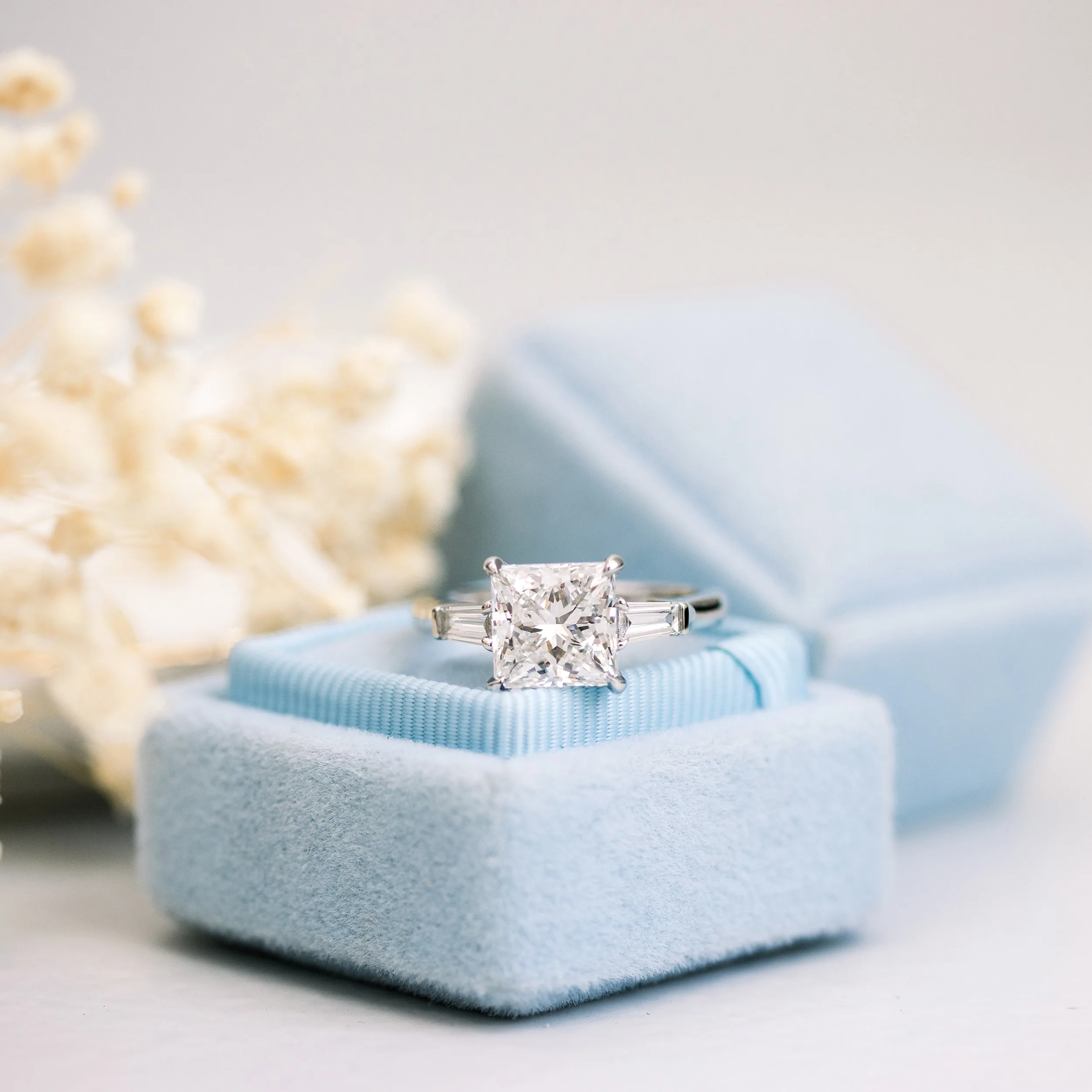 platinum 3 ct princess cut and baguette lab diamond engagement ring ada diamonds design ad 478 macro