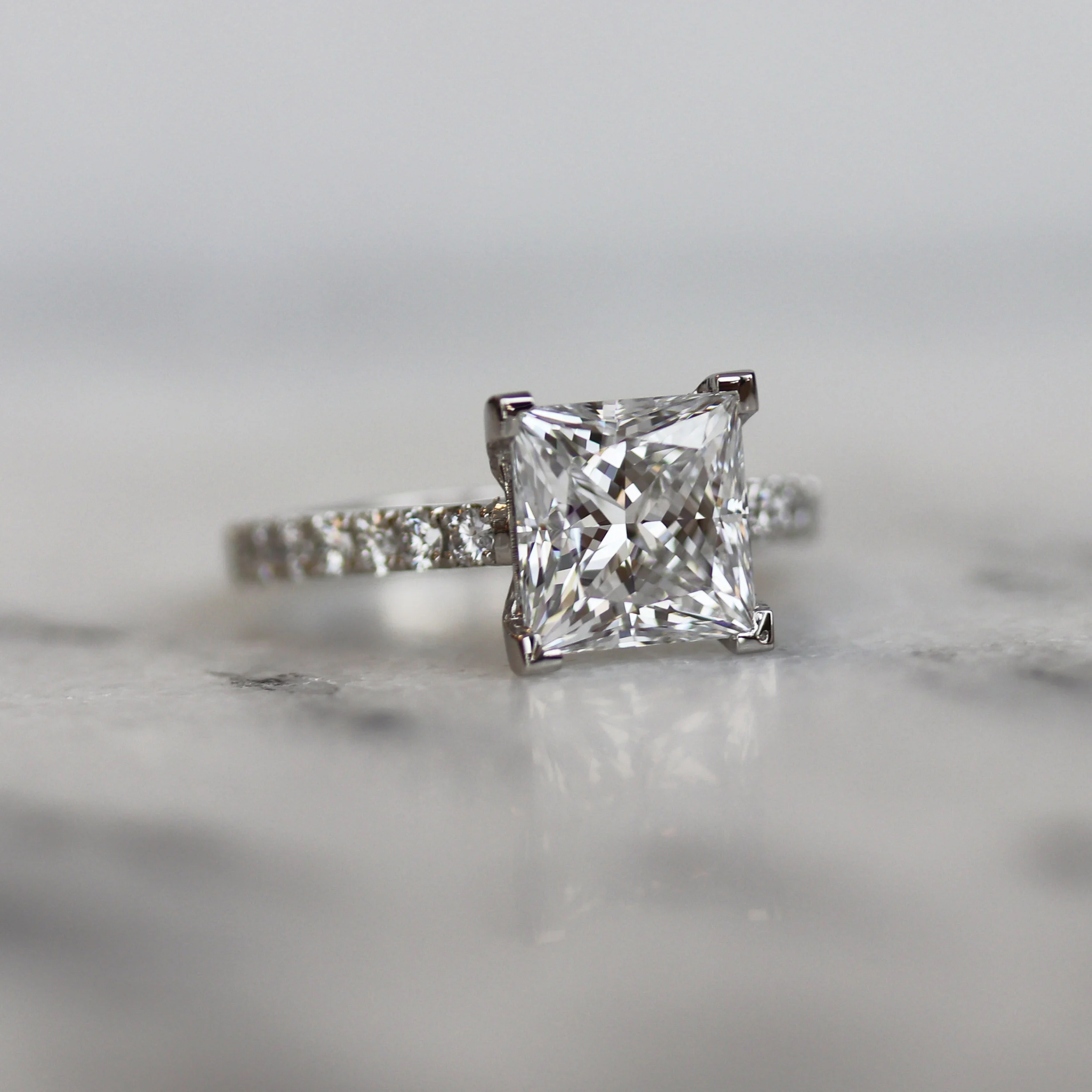 Platinum 2ct Princess Cut Cathedral Pavé Engagement Ring with Lab Diamonds Ada Diamonds Design AD-344 Macro