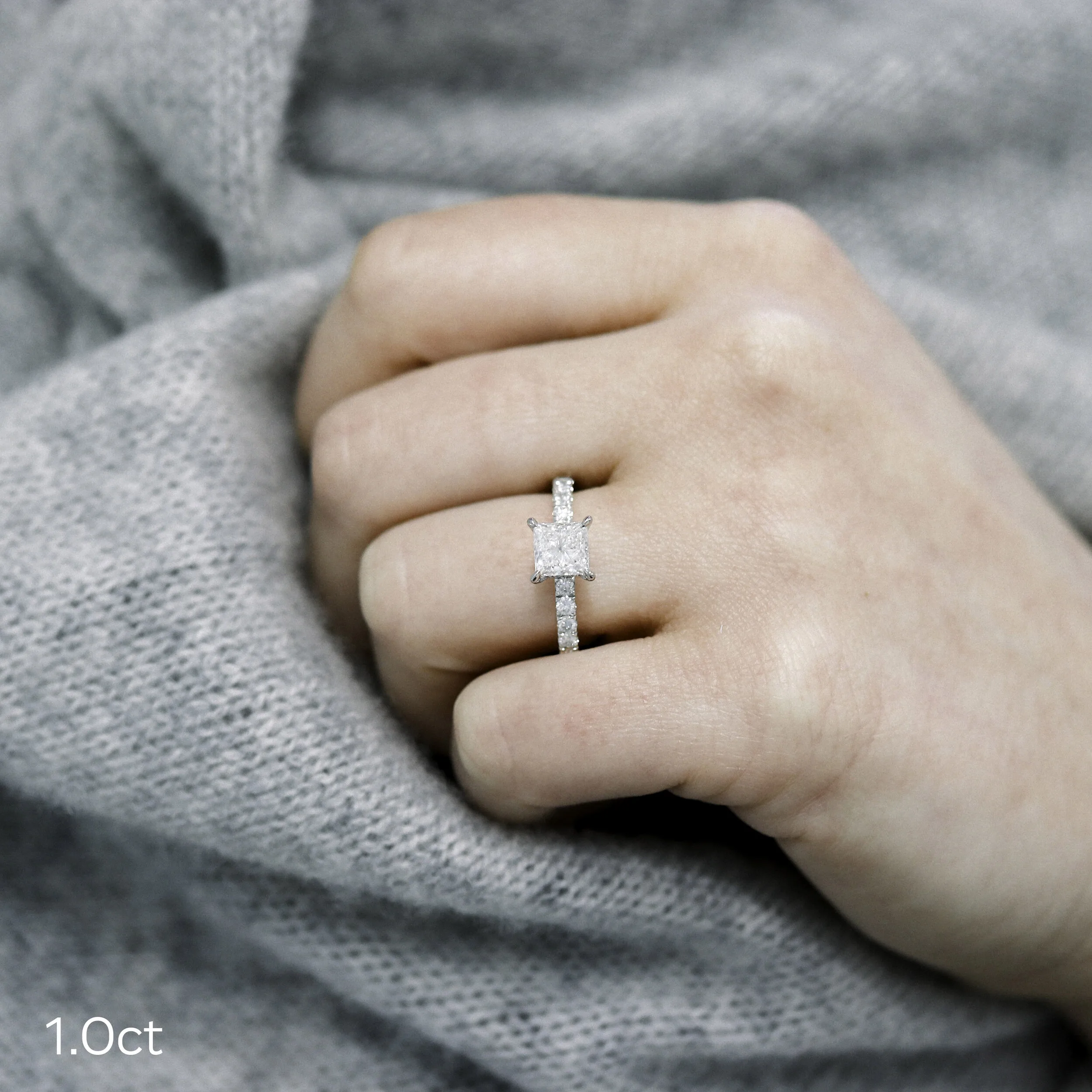 Platinum 1ct Princess Cut Four Prong Pavé Lab Diamond Engagement Ring Ada Diamonds Design AD-150 on Model