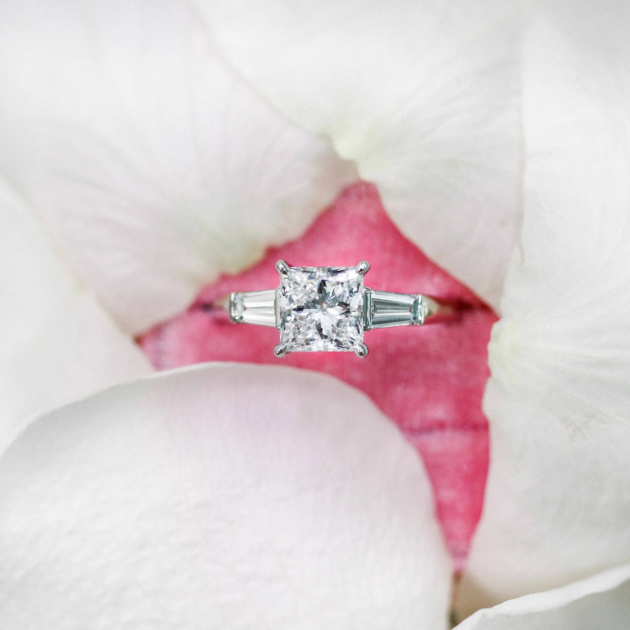 White Gold 2ct Princess and Baguette Three Stone Lab Created Diamond Ring Ada Diamonds Design AD-478 in Box