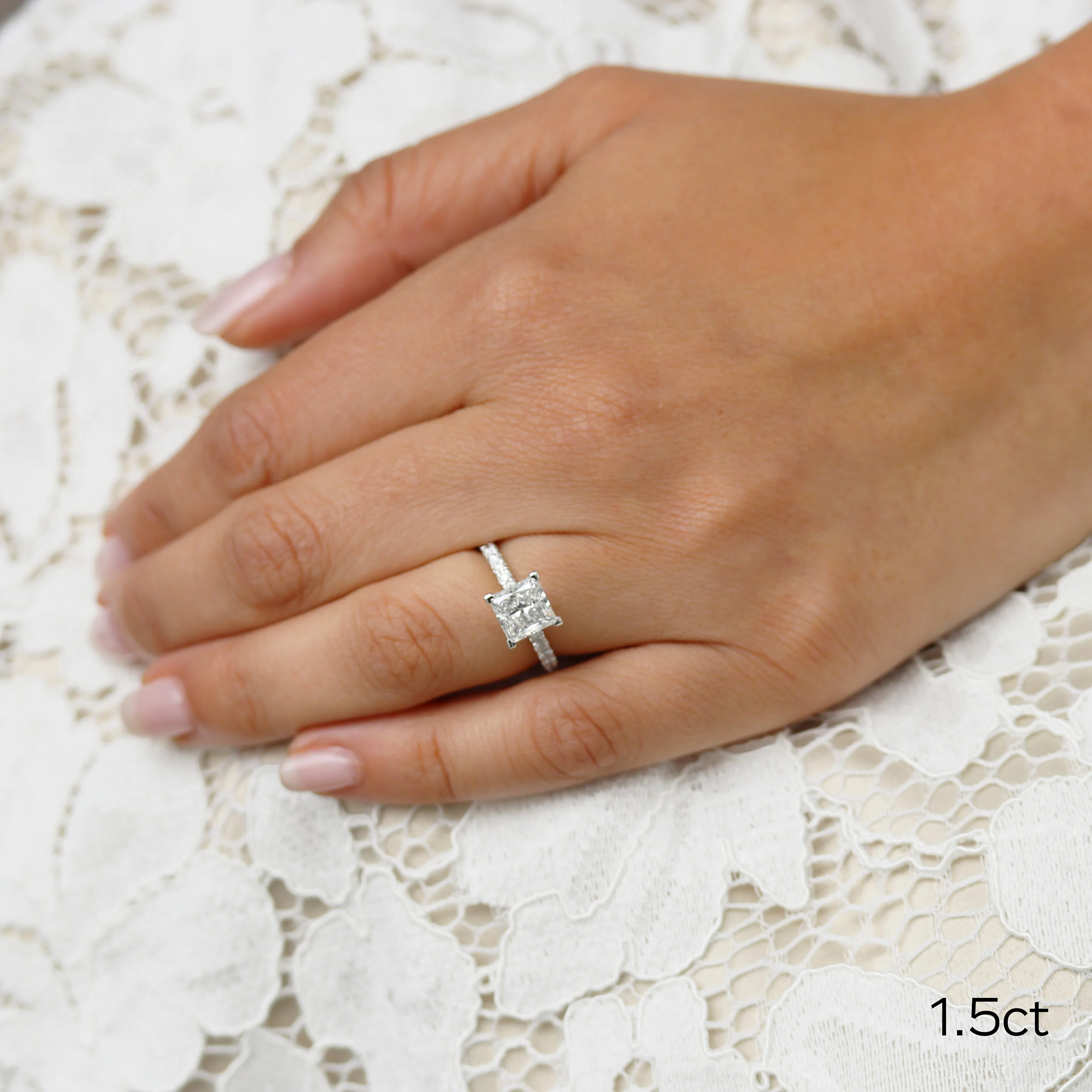 Platinum 1.5 Carat Princess Cut Lab Diamond Petite Four Prong Pavé Engagement Ring Ada Diamonds Design AD-345 on Model