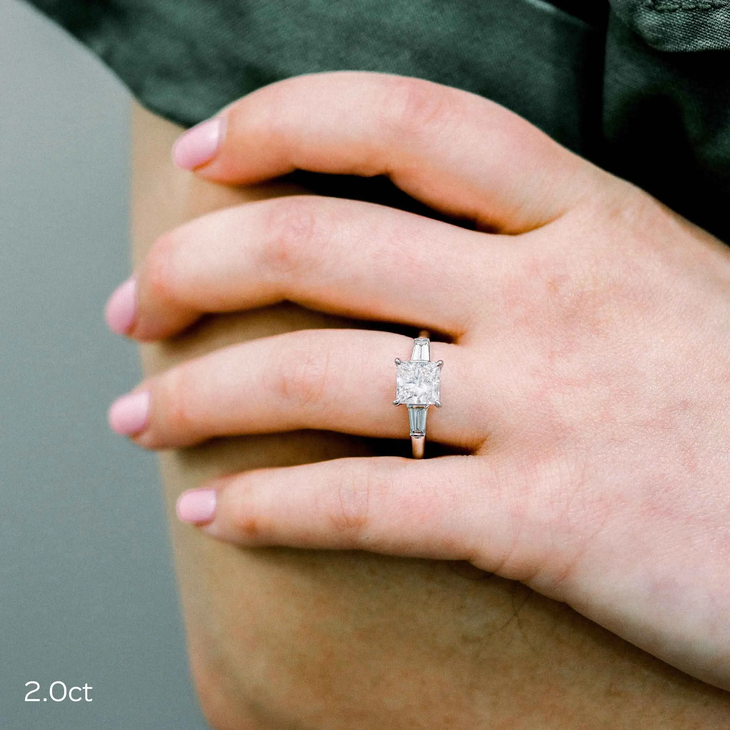 Two Carat Princess Cut Lab Diamond Three Stone Ring with Baguette Side Stones Ada in Platinum Ada Diamonds Design AD-478 on Model