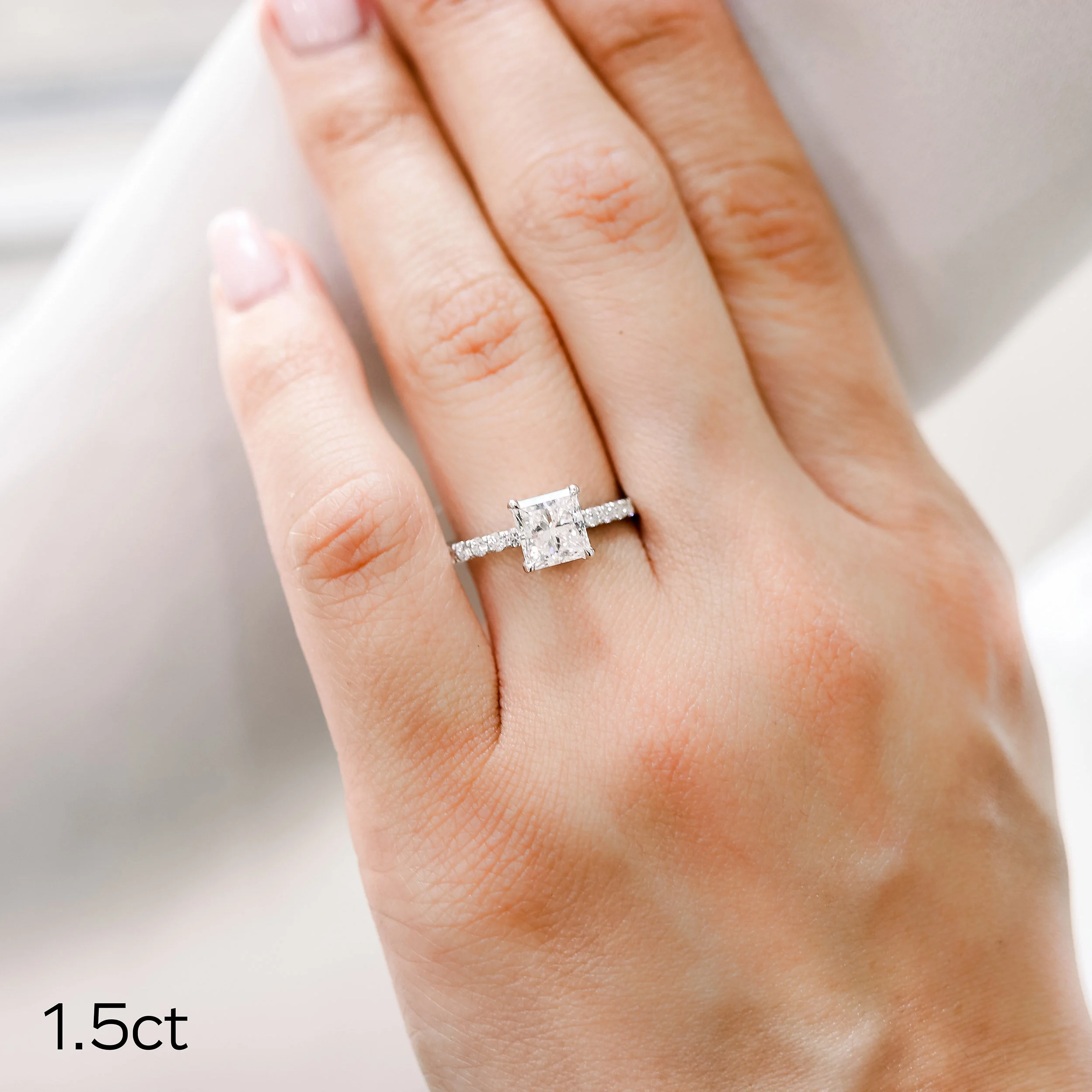 Platinum 1.5ct Princess Cut Lab Diamond Ring with Smaller Diamonds on the band Ada Diamonds Design AD-150 on Model