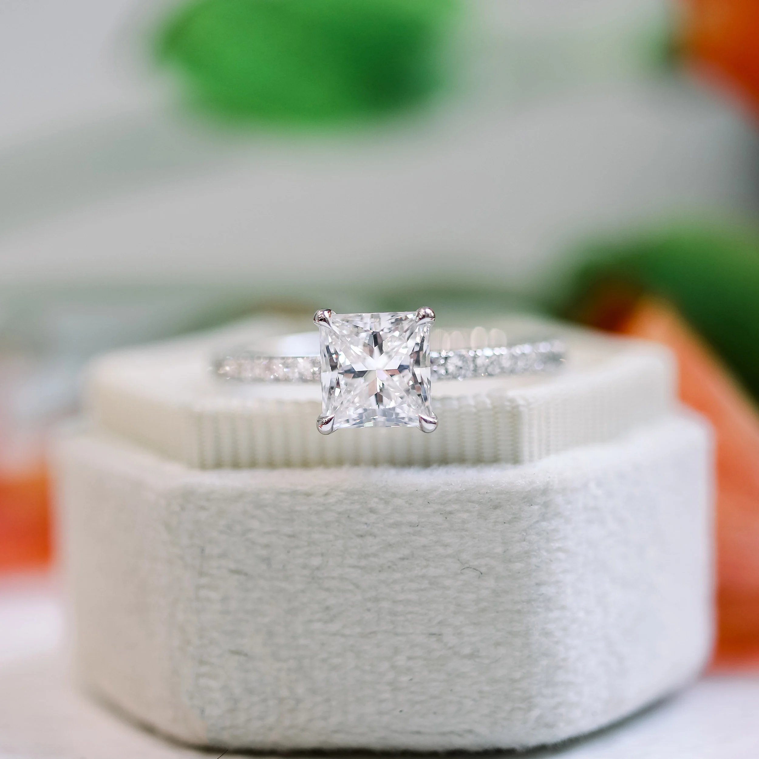 White Gold 2ct Princess Cut Lab Diamond Engagement Ring with Diamonds on the Band Ada Diamonds Design AD-150 Artistic