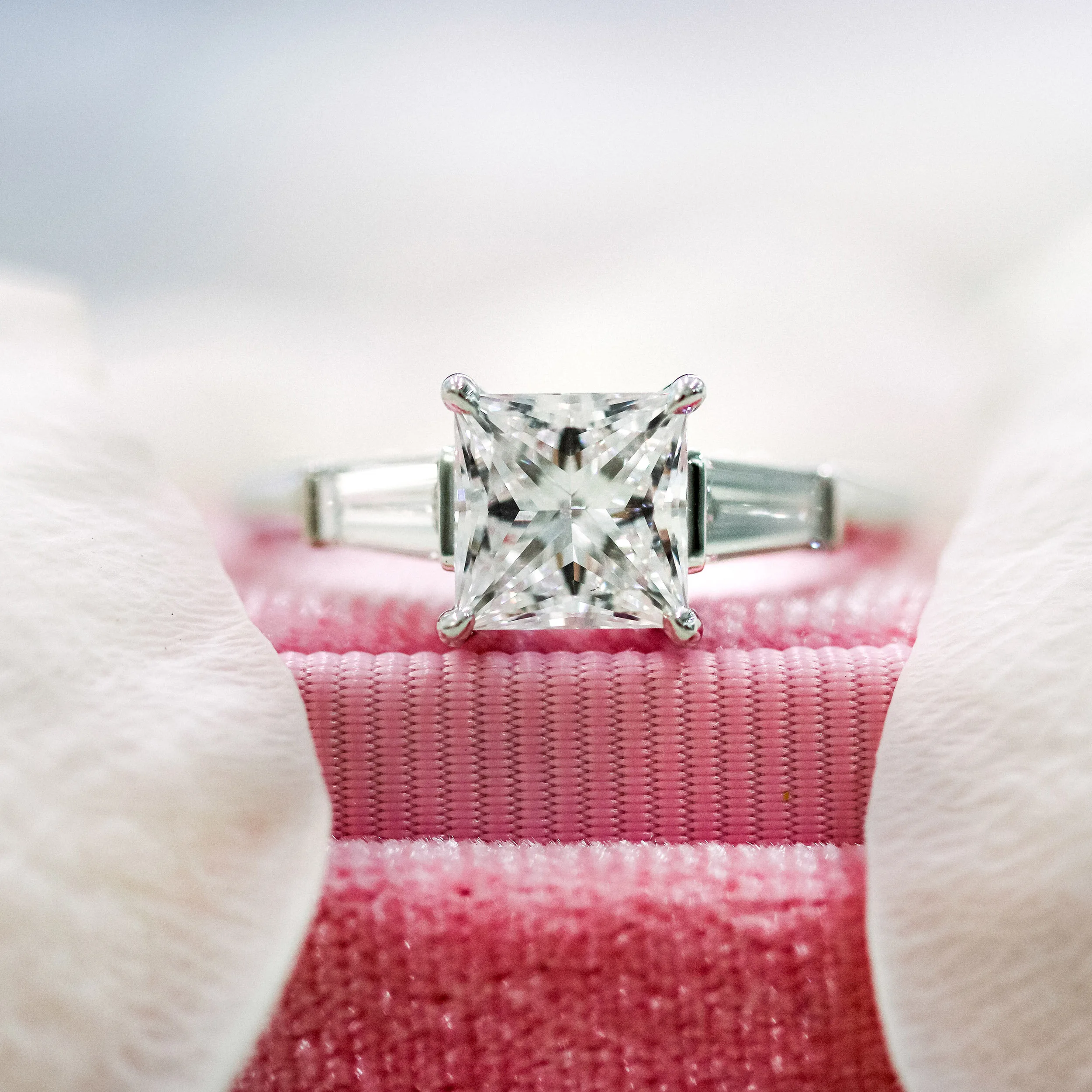 White Gold 2 Carat Princess and Baguette Three Stone Lab Diamond Ring Ada Diamonds Design AD-478 Macro