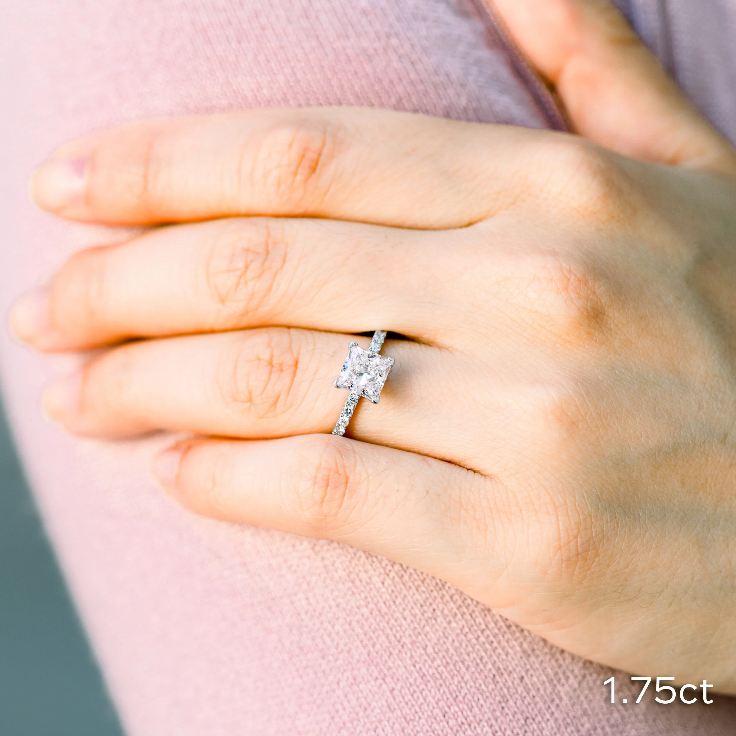 Platinum 1.75ct Princess Cut Lab Diamond Engagement Ring with Thin Diamond Band Ada Diamonds Design AD-150 on Hand
