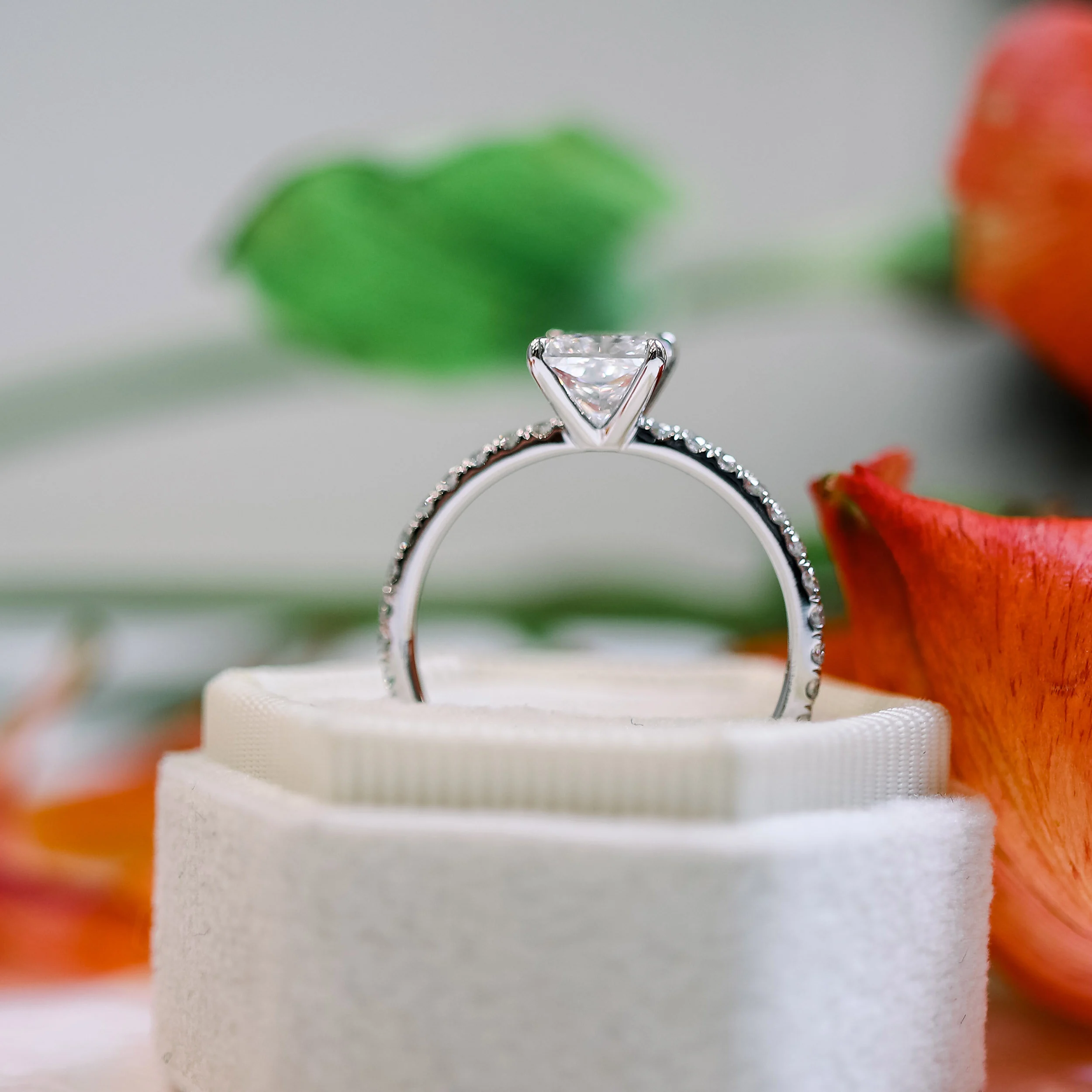 14k White Gold 1.5ct Princess Lab Diamond Ring with Diamonds on the Band Ada Diamonds Design AD-150 Profile View