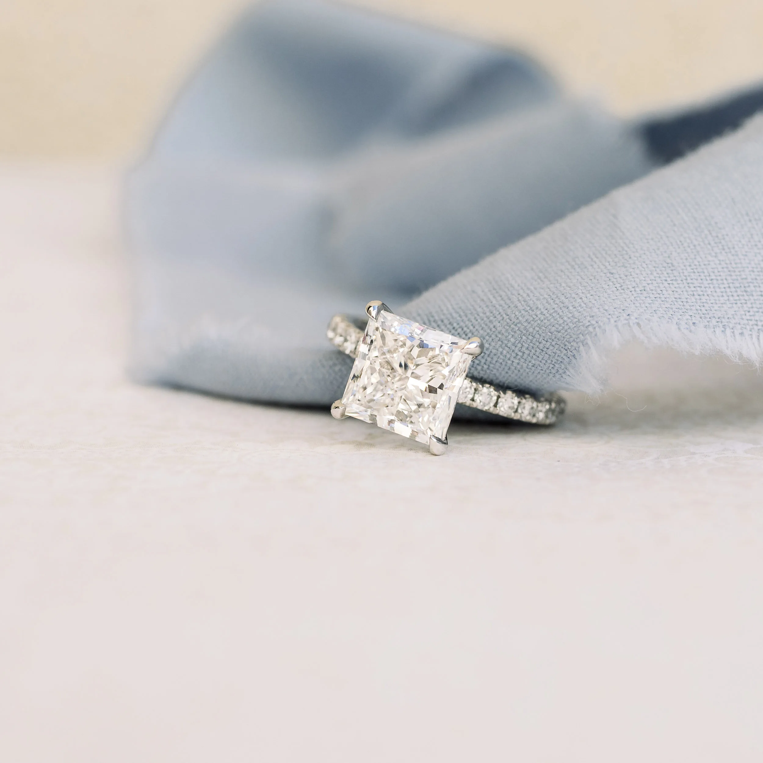 Platinum 2.5ct Princess Cut Classic Four Prong Pavé Lab Diamond Ring Ada Diamonds Design AD-150 Macro