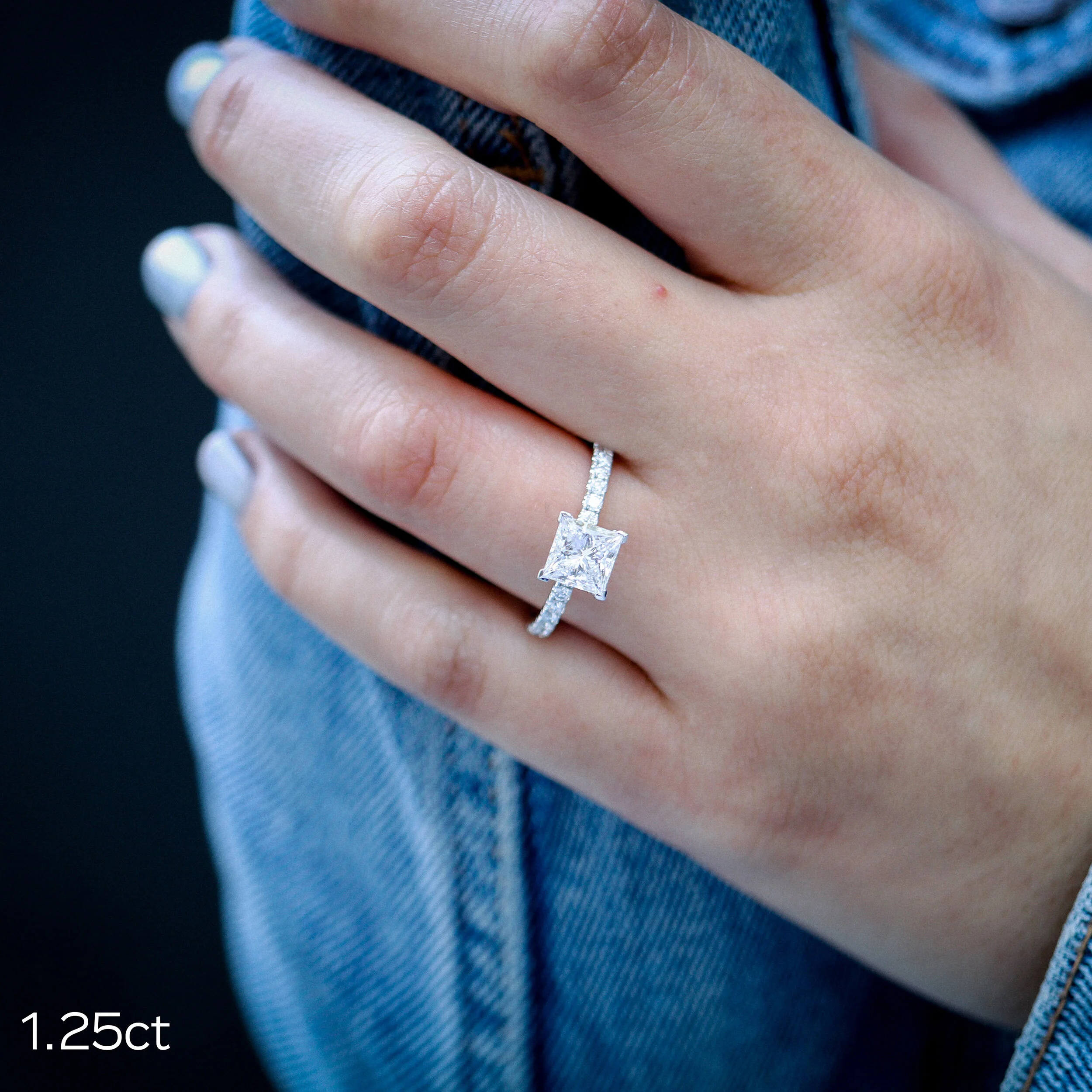 White Gold 1.25ct Princess Cut Lab Created Diamond Pavé Engagement Ring Ada Diamonds Design AD-150 on Hand