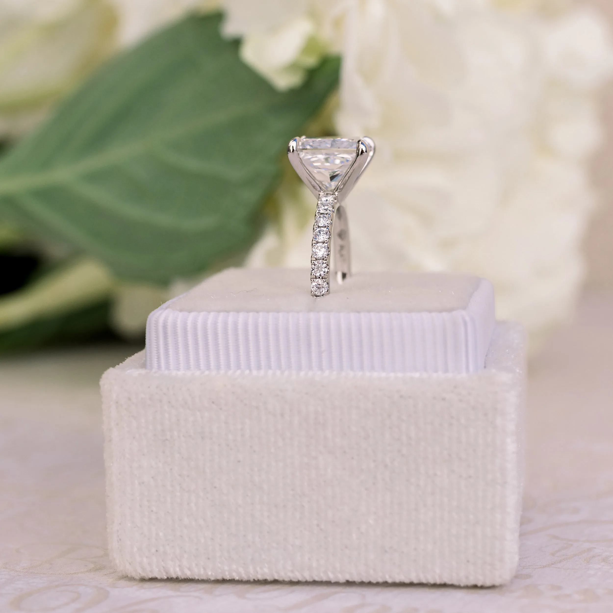 Platinum 2.5 Carat Princess Cut Lab Diamond Engagement Ring Ada Diamonds Design Ad-150 Profile View in Box