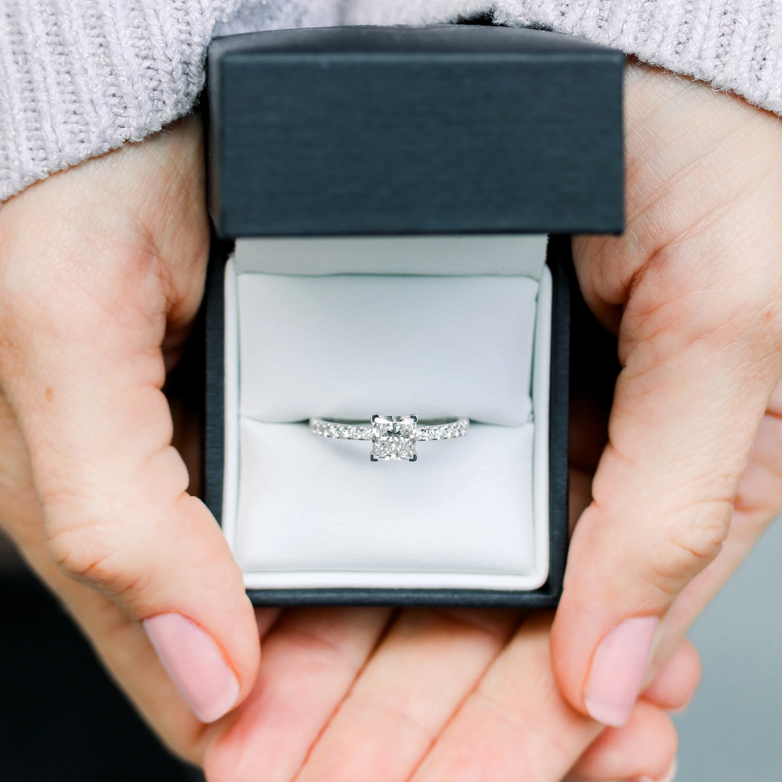 2ct Princess Pavé Engagement Ring in Platinum Ada Diamonds Design AD-150 made with Lab Diamonds in Black Box