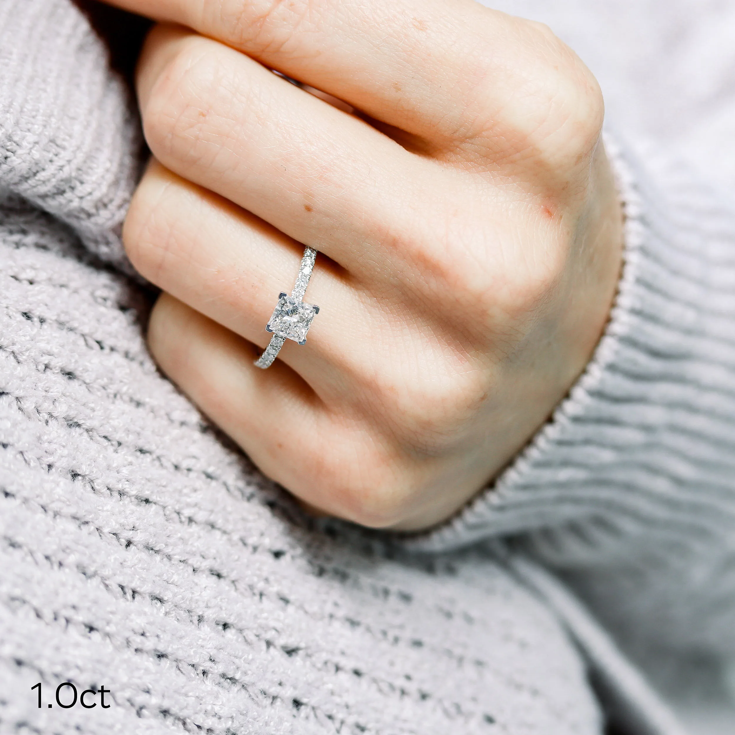 Platinum 1.5ct Princess Cut Classic Four Prong Pavé Lab Diamond Engagement Ring Ada Diamonds Design AD-150 on Model