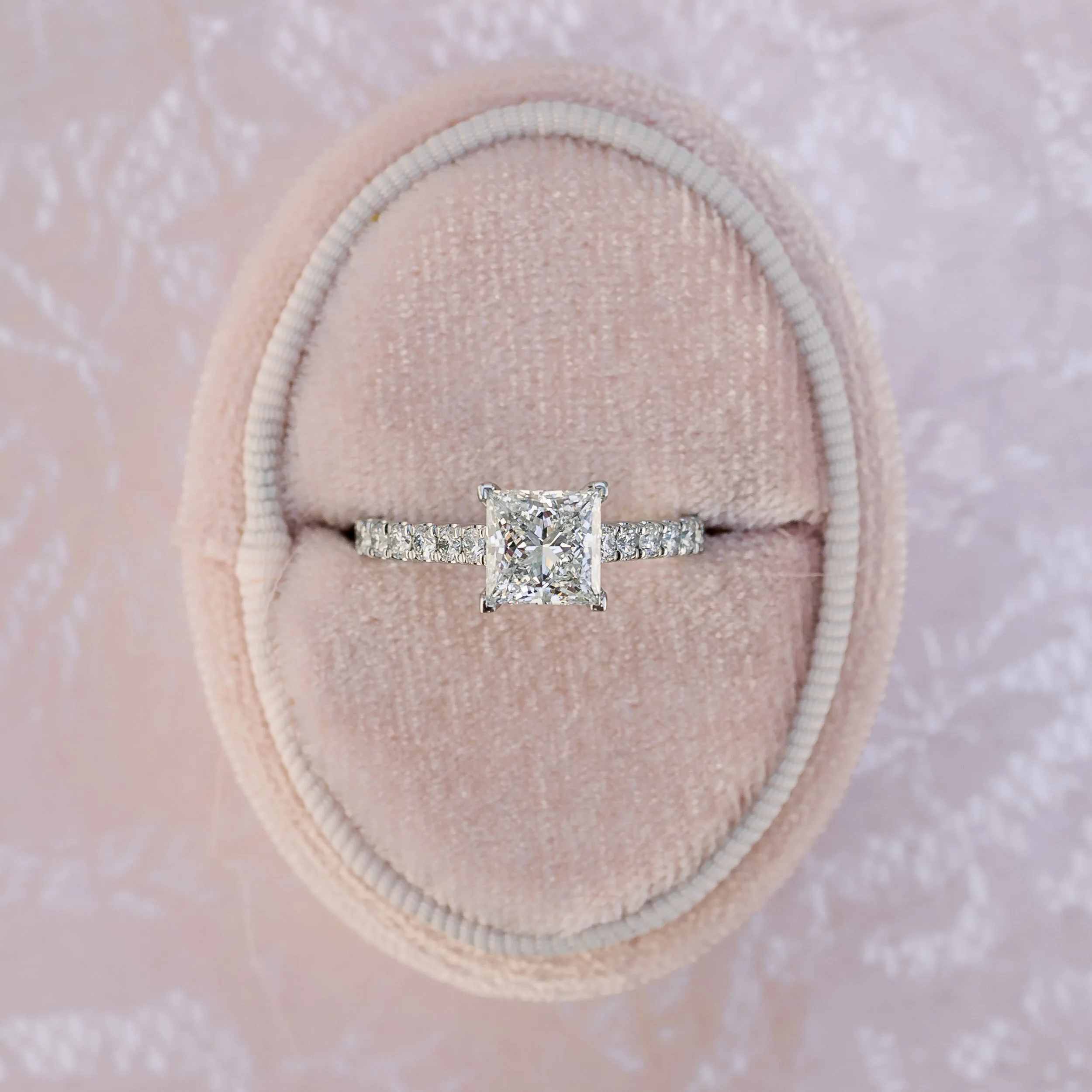 Platinum 1.5 Carat Princess Cut Lab Diamond Cathedral Pavé Engagement Ring Ada Diamonds Design AD-344 in Box