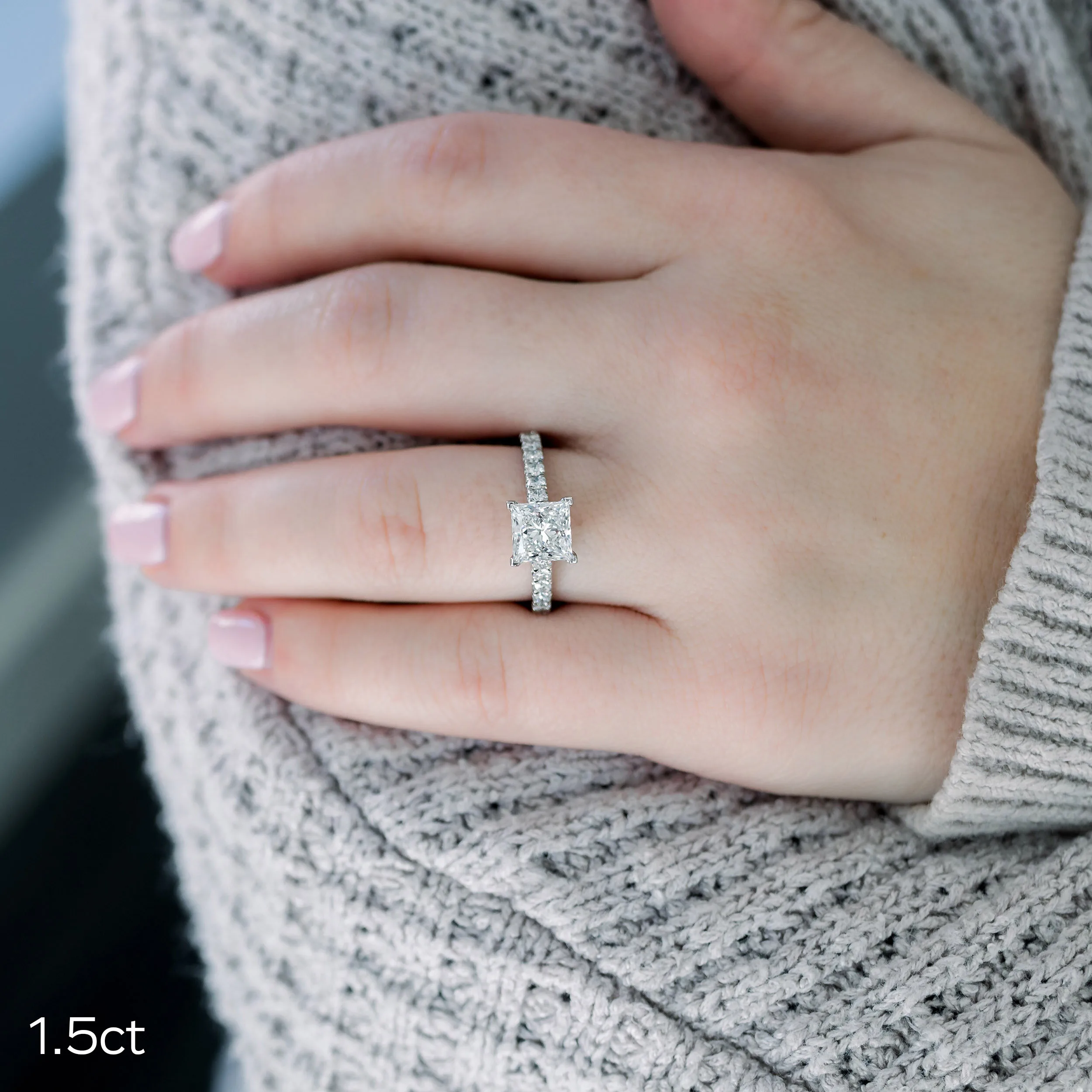 Platinum 1.5ct Princess Lab Diamond Cathedral Pavé Engagement Ring Ada Diamonds Design AD-344 on Model