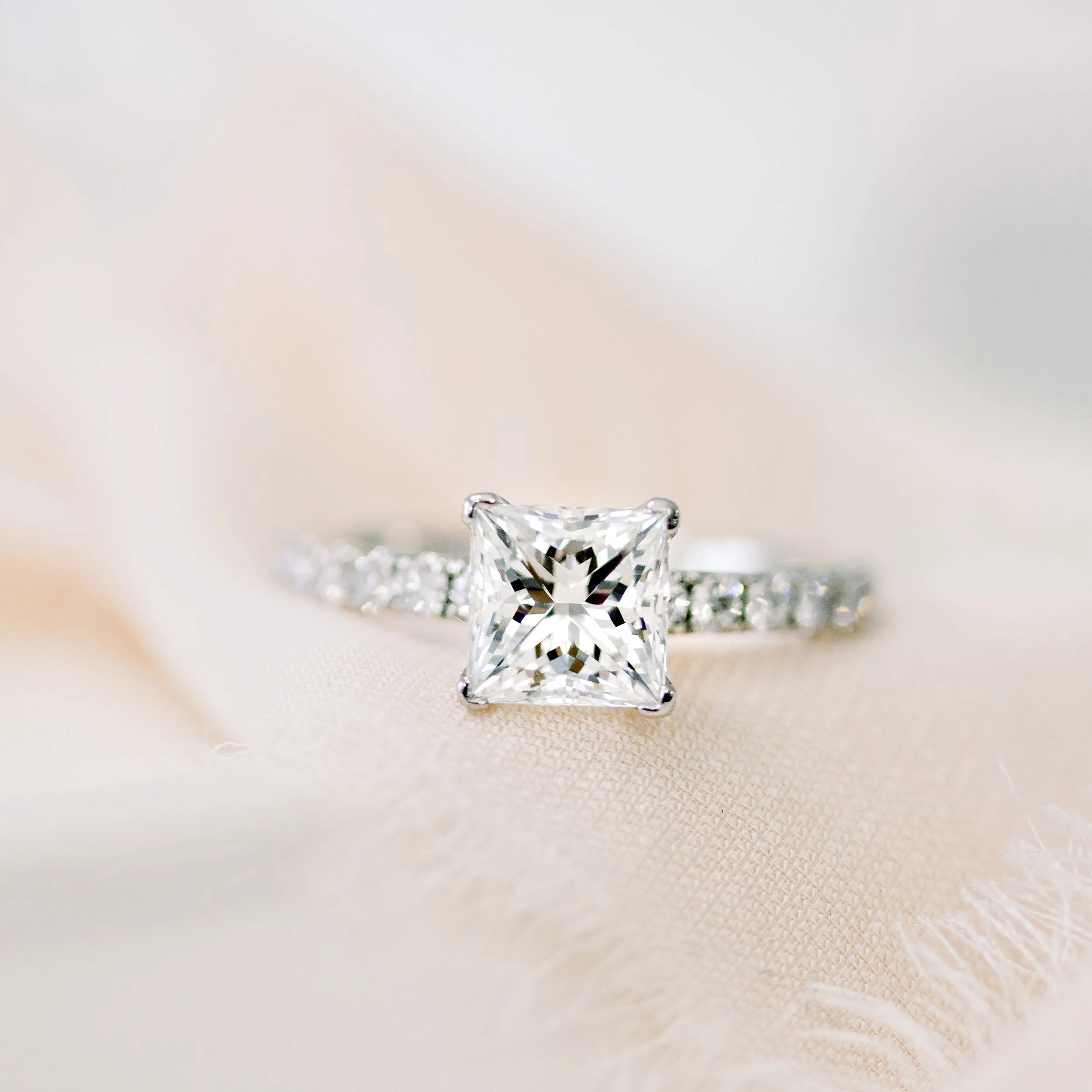 platinum pave lab diamond ring with princess cut