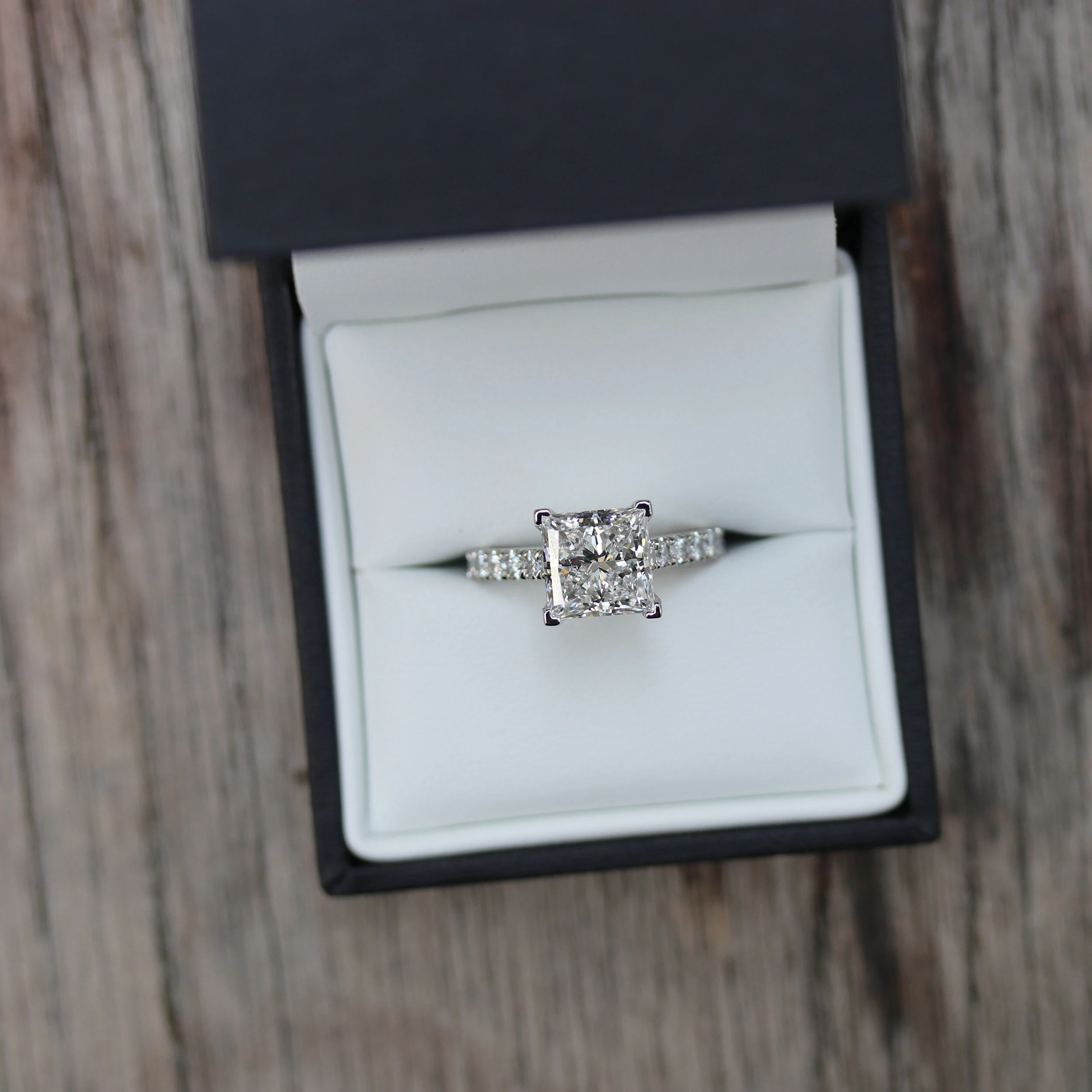White Gold 1.5 Carat Princess Cut Lab Diamond Cathedral Pavé Engagement Ring Ada Diamonds Design AD-344 in Box