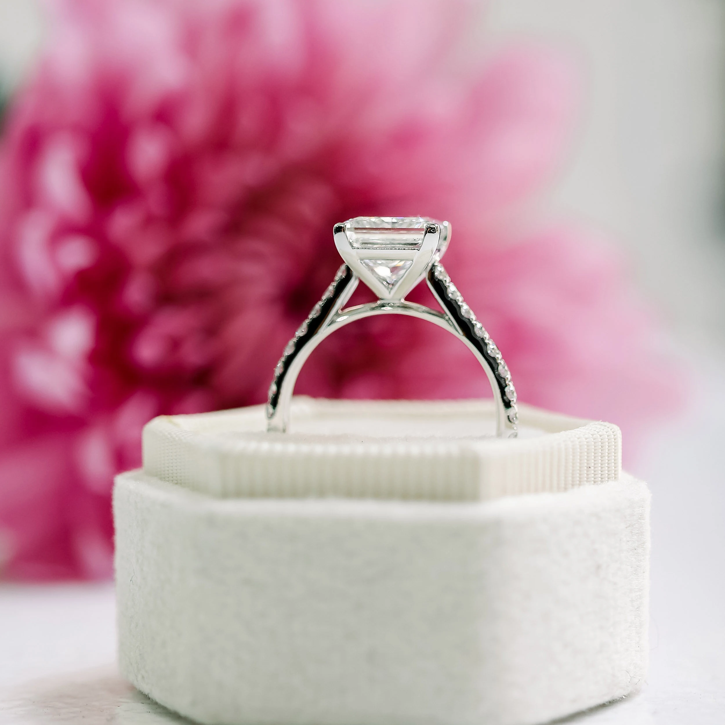 Platinum Three Carat Princess Cut Lab Created Diamond Cathedral Engagement Ring with Diamond Band Ada Diamonds Design AD-344 Profile View