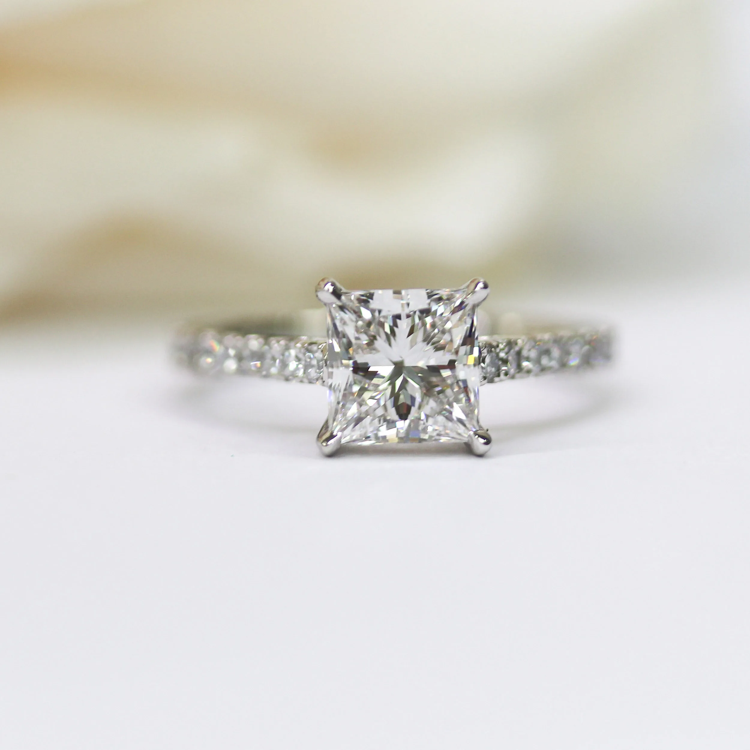18k White Gold 2.5ct Princess Cut Lab Diamond Cathedral Pavé Engagement Ring Ada Diamonds Design AD-344 Macro