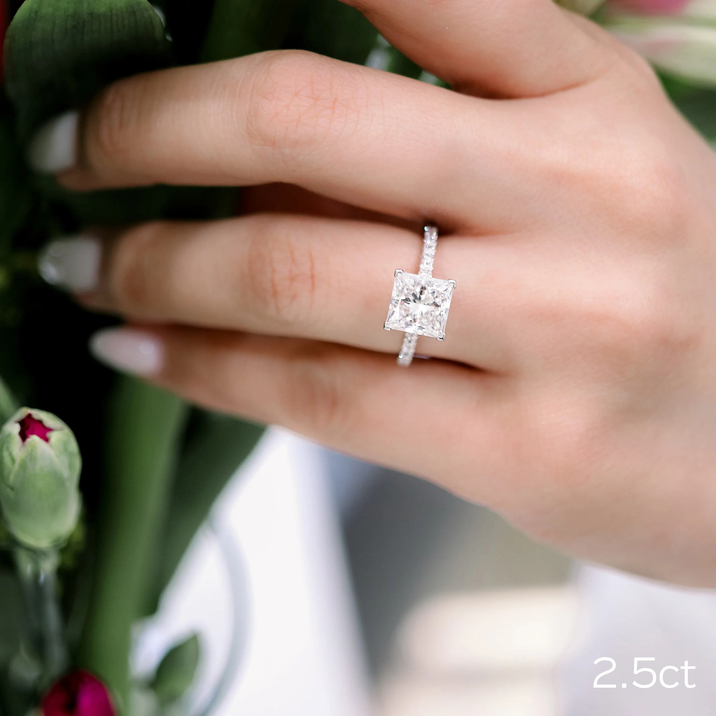 Platinum 2.5ct Princess Cut Lab Diamond Pavé Engagement Ring Ada Diamonds Design AD-344 on Model