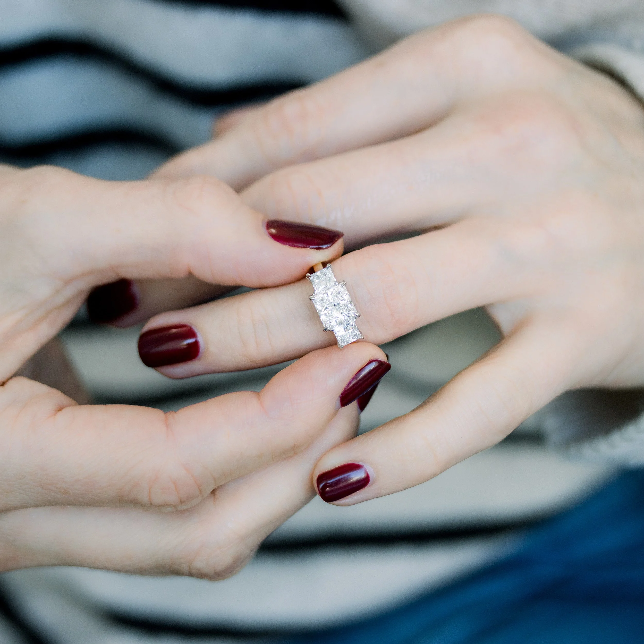 3 carat princess cut man made diamond three stone engagement ring in two-tone setting ada diamonds design ad 477