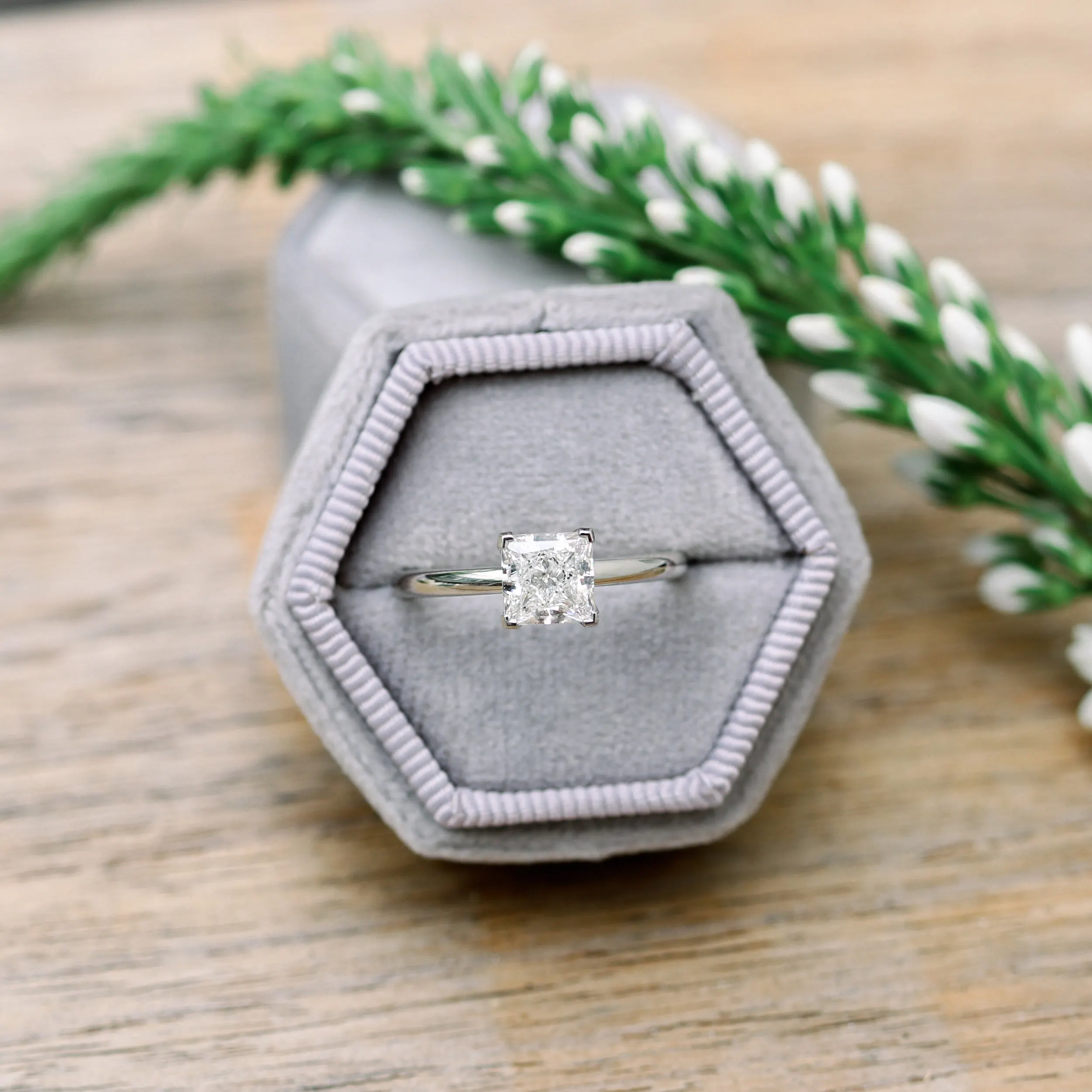 One Carat Princess Cut Solitaire Engagement Ring in Platinum with Lab Diamonds Ada Diamonds Design Number AD227 Macro Shot in Box