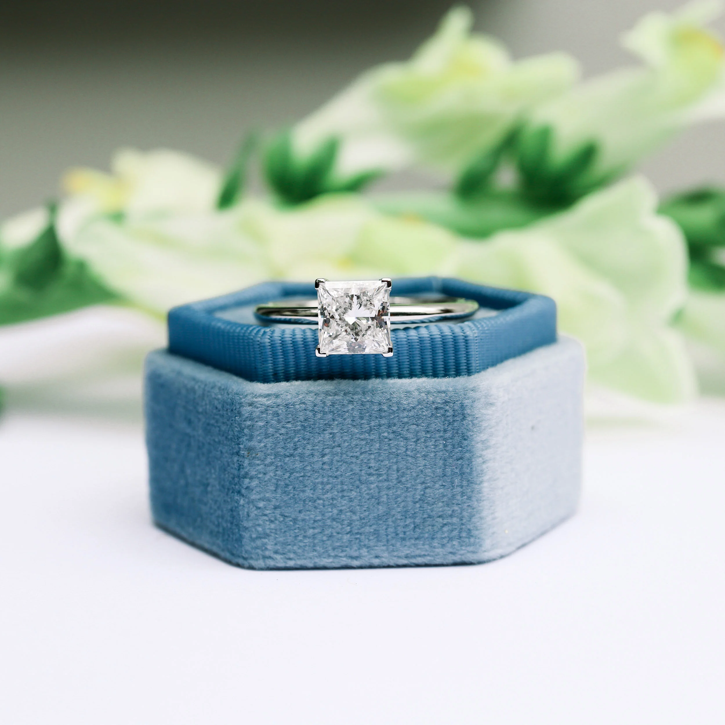 Platinum 1.5 Carat Princess Cut Solitaire Lab Diamond Engagement Ring Ada Diamonds Design AD-216 in Blue Bo